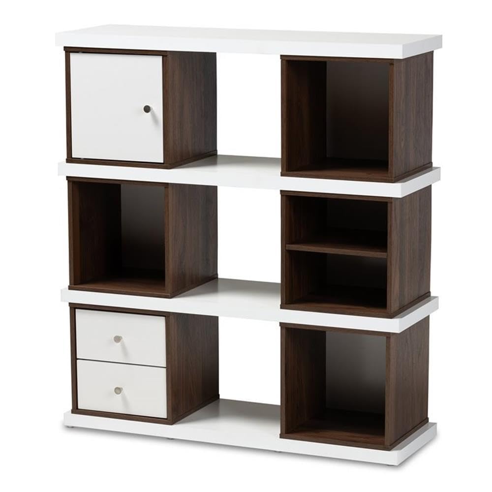 BOWERY HILL Modern Two-Tone White & Walnut 2-Drawer Bookcase - Stylish Storage for Home Office, Living Room & Bedroom