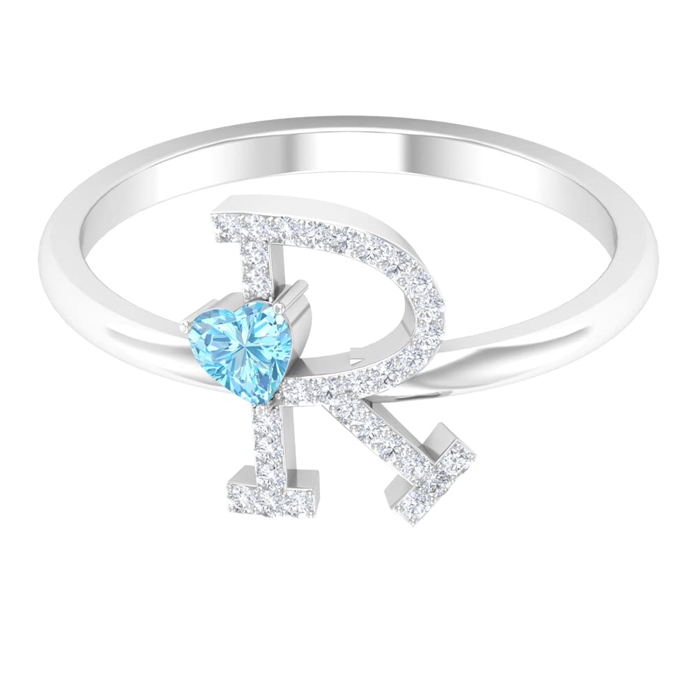 Aquamarine and Diamond Rings for Women - 14K White Gold A-Z Initial Alphabet Rings | Personalized Name Jewelry, Heart Pendant, Birthstone Gift for Mom, Wife, Anniversary, Engagement, Wedding, Valentine's Day