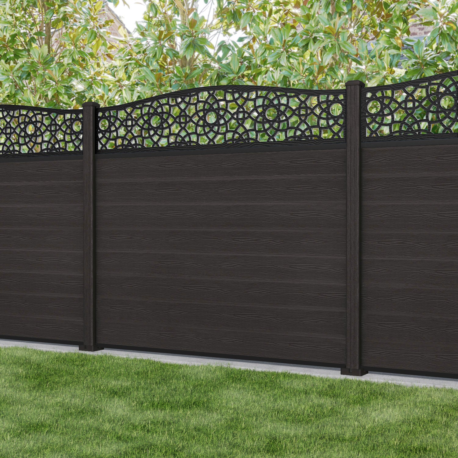 Dark Oak Classic Amber Curved Top Fence Panel with Composite Posts - Durable Privacy Fencing for Backyard, Garden, and Outdoor Decor