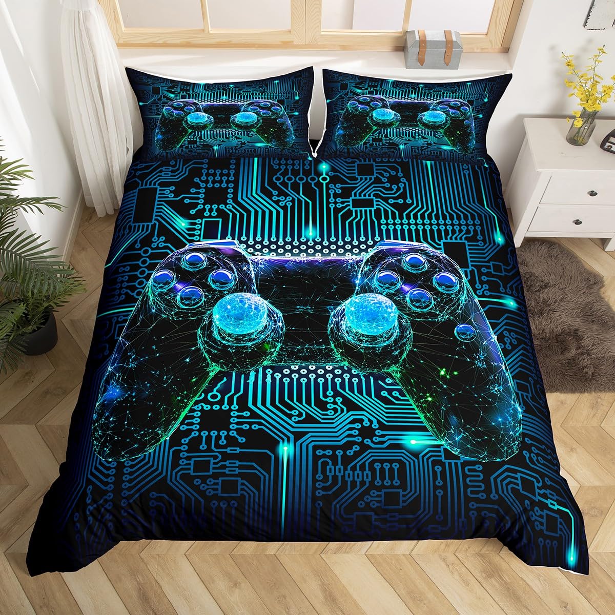 Blue Video Game Controller Twin Size Duvet Cover Set - Lightweight Soft Gaming Bedding for Kids & Boys - Gamepad Console Pattern Comforter Cover with Pillowcase - Perfect for Gamer Bedroom Decor & Teen Game Room Theme