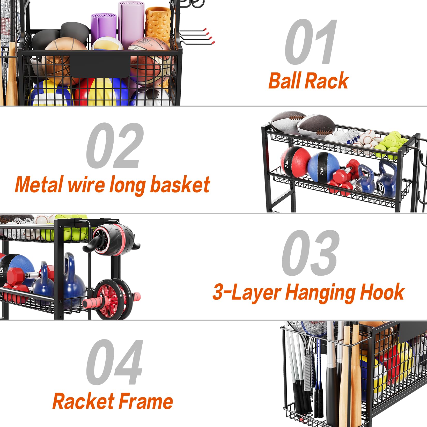 Heavy Duty Garage Storage Rack for Sports Equipment - Rolling Ball Organizer with Wheels, Hooks & Baskets - Golf Bag Stand, Basketball & Football Holder - Perfect for Indoor/Outdoor Use in Garages, Basements & Playrooms