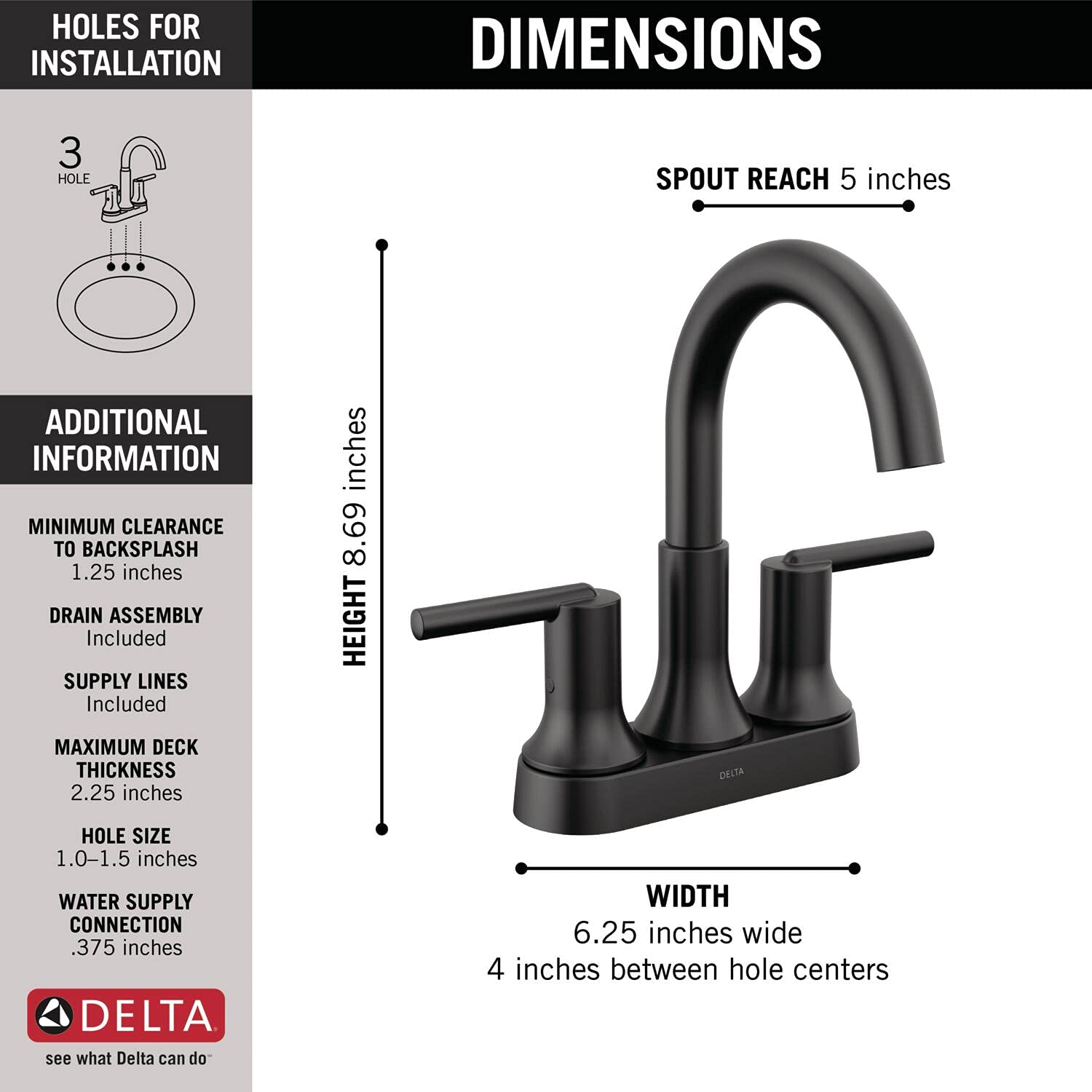 Delta Trinsic Matte Black Bathroom Sink Faucet with Diamond Seal Technology - Centerset Bathroom Faucet with Metal Drain Assembly - Perfect for Modern Bathroom Vanities & Powder Rooms (Model 2559-BLMPU-DST)