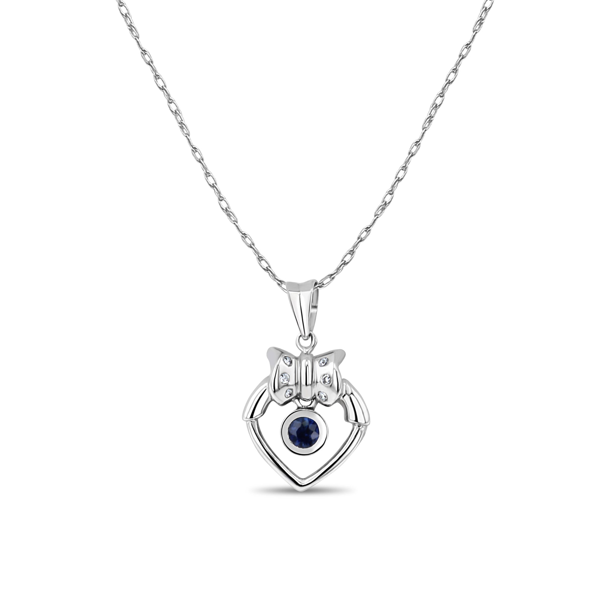 14K White Gold Heart Shaped Necklace with Genuine Sapphire Center & Elegant Bow Accent - Perfect for Valentine's Day Gifts, Anniversary Presents & Romantic Occasions