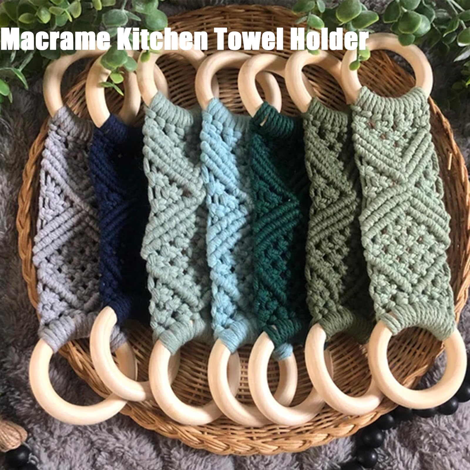 Macrame Kitchen Towel Holder - Handmade Boho Wall Hanging for Dish Towels & Decor (Khaki, 2 Pack) - Perfect for Farmhouse, Rustic & Bohemian Style Kitchens