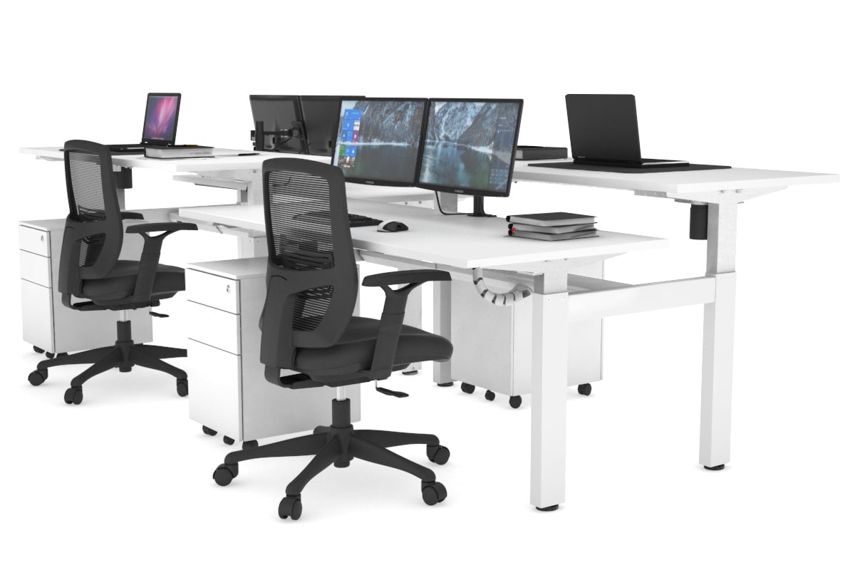 Adjustable 4-Person H Bench Workstation - White Frame [1600L x 700W] - Ergonomic Office Desk for Collaborative Workspaces & Coworking Environments