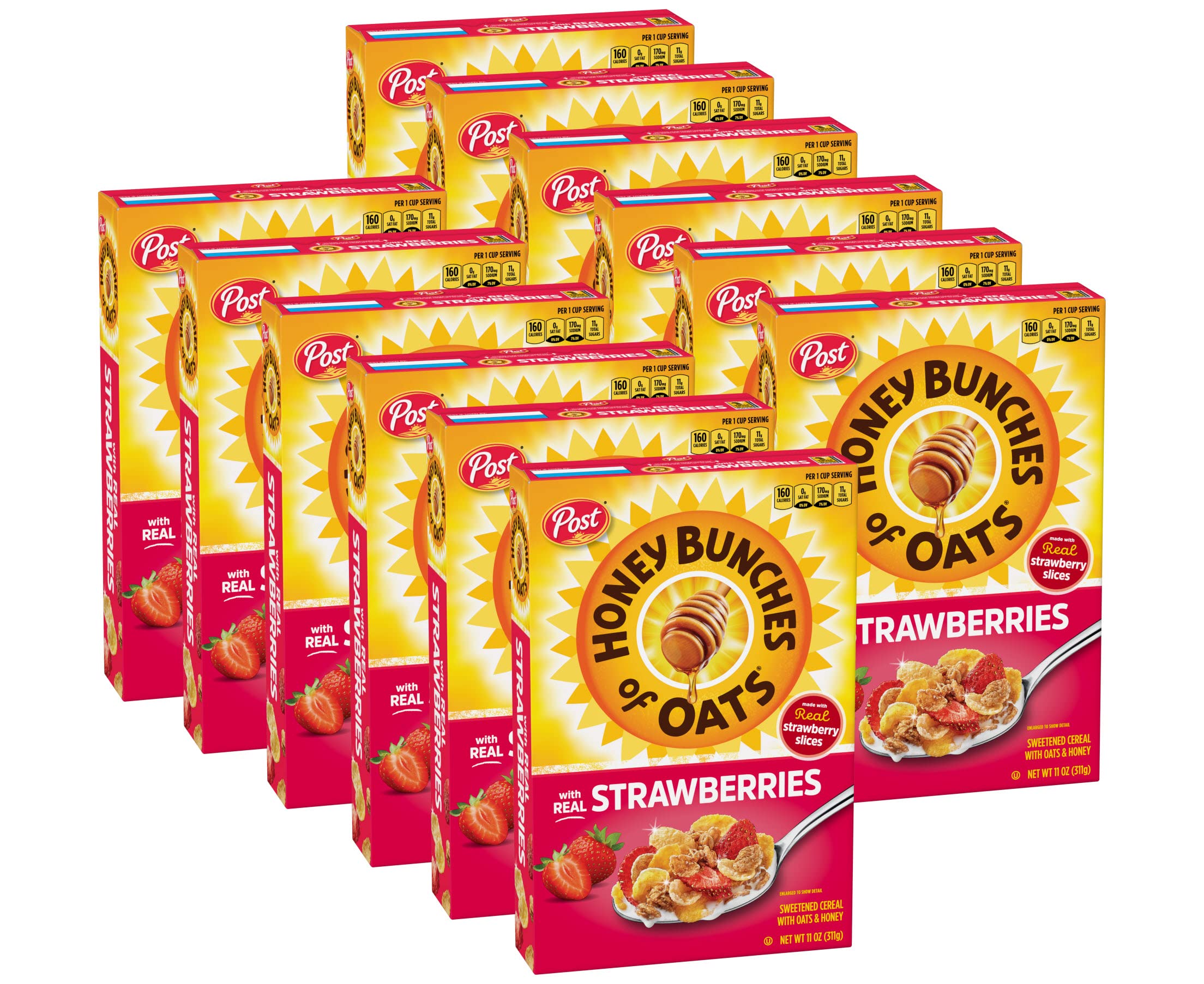 Honey Bunches of Oats with Strawberries Breakfast Cereal - Crunchy Honey Oats & Real Strawberry Flakes, 11 oz Box - Perfect for Family Breakfast & Healthy Snacking