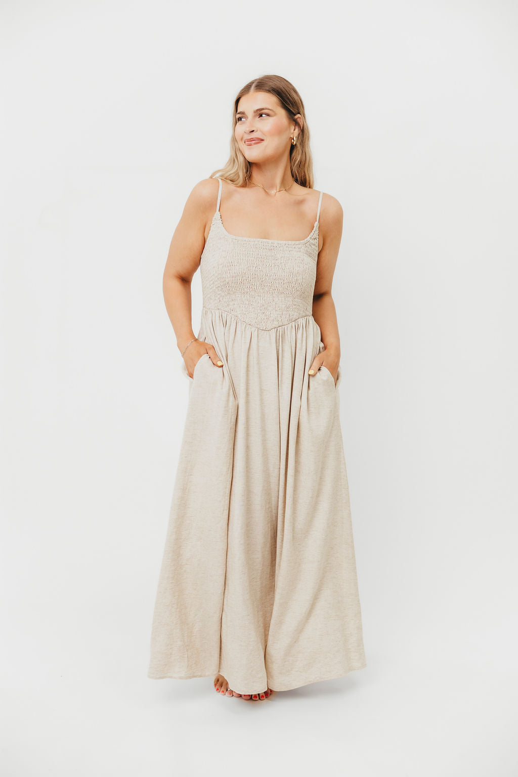 Josefina Smocked Maxi Dress in Natural - Bump Friendly Maternity Dress for Women | Perfect for Pregnancy, Beach Vacations & Summer Weddings