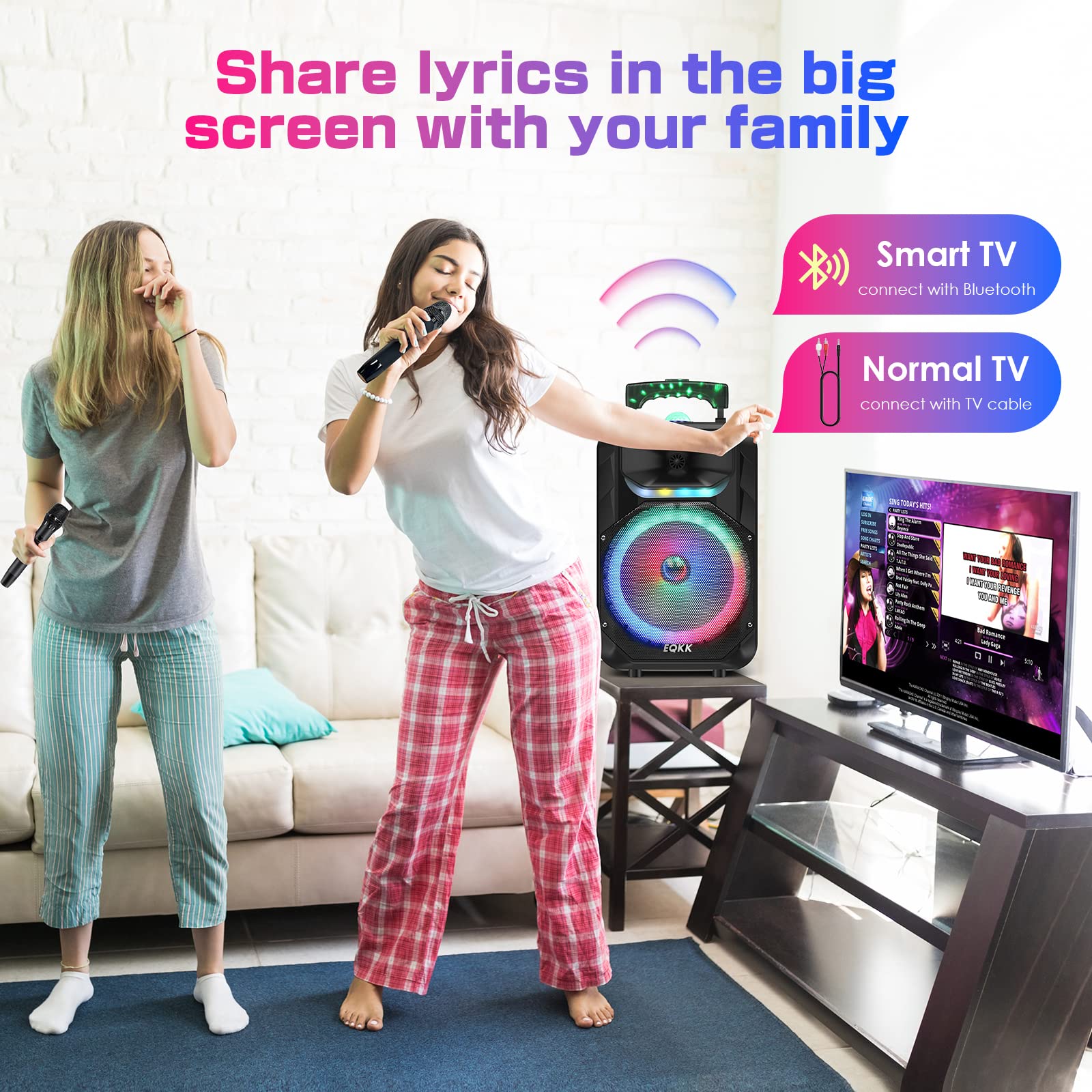 Portable Bluetooth Karaoke Machine with 2 Wireless Microphones & 10