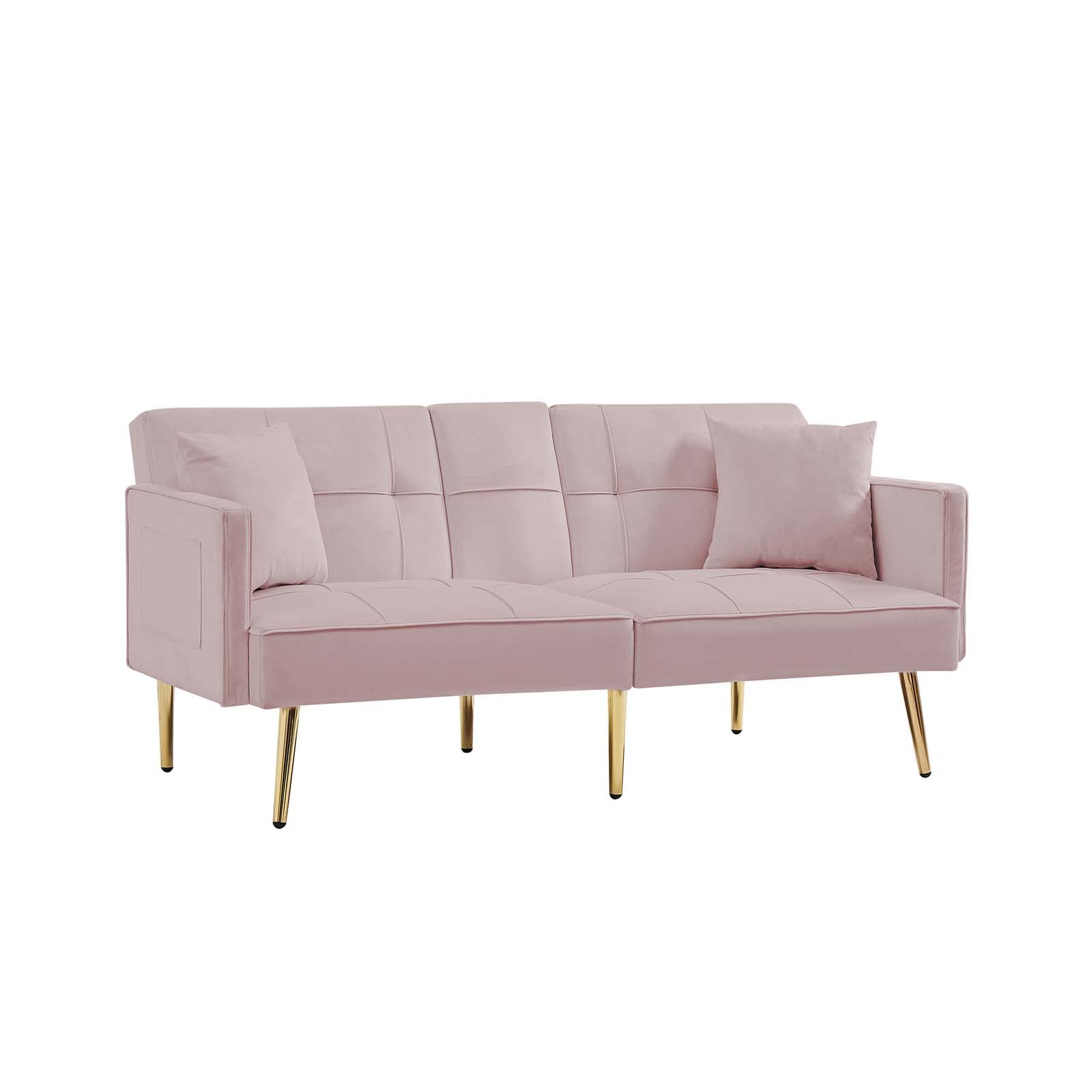 69'' Velvet Futon Sofa Bed - Modern Convertible Folding Sleeper Couch with Cup Holders & 2 Pillows, Pink Loveseat for Living Room, Apartment, Office - Perfect for Small Spaces, Guest Rooms & Multi-Functional Furniture Needs