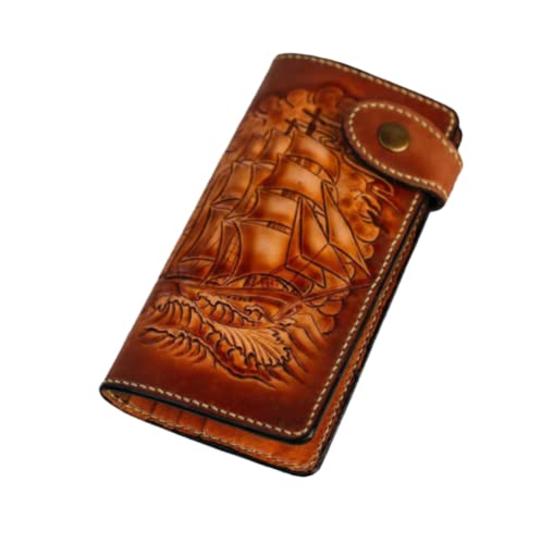 3D Genuine Leather Men's Wallet - Sailboat Anchor Yacht Design, Handmade Biker Long Wallet with Airbrush Art, Custom Personalized Carved Leather Wallet for Men | Perfect Gift for Sailors, Bikers & Travel Enthusiasts