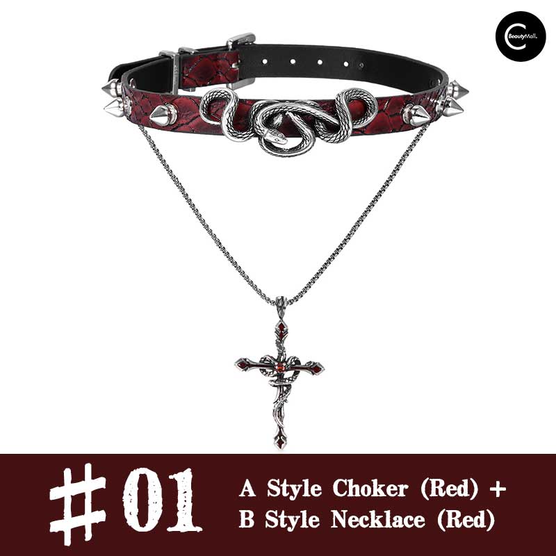 1STXULIE Serpent's Kiss Leather Choker - Gothic Punk Choker Necklace for Women, Adjustable Black Leather Choker with Snake Charm - Perfect for Halloween, Cosplay, and Alternative Fashion