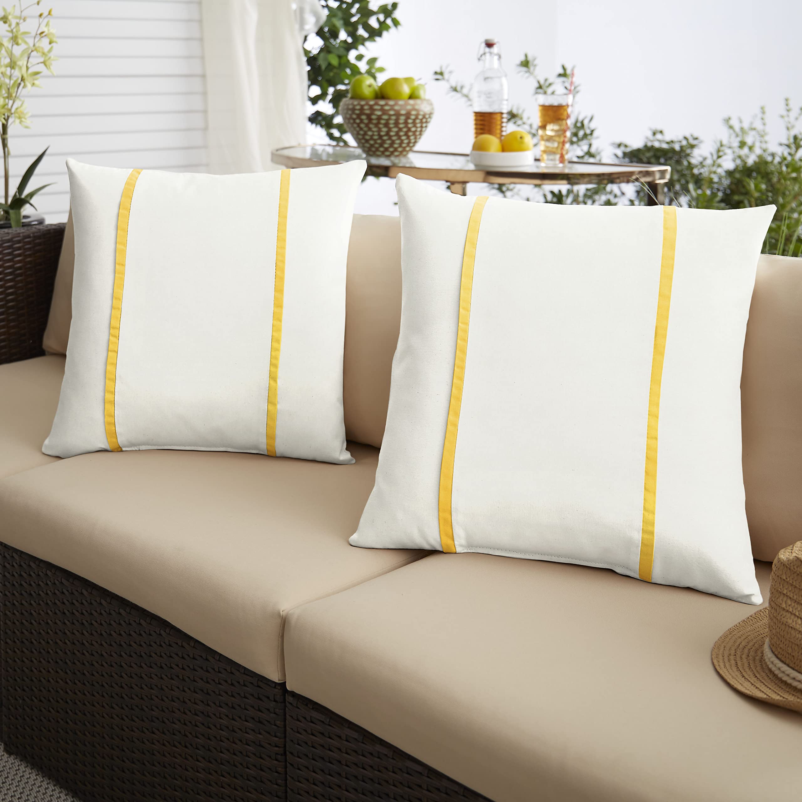 Sorra Home x Sunbrella Indoor Outdoor Square Pillow Covers Set of 2 - Waterproof UV Resistant Decorative Throw Pillows for Patio, Sofa, Bed - Natural Ivory & Yellow Canvas Fabric Cushions