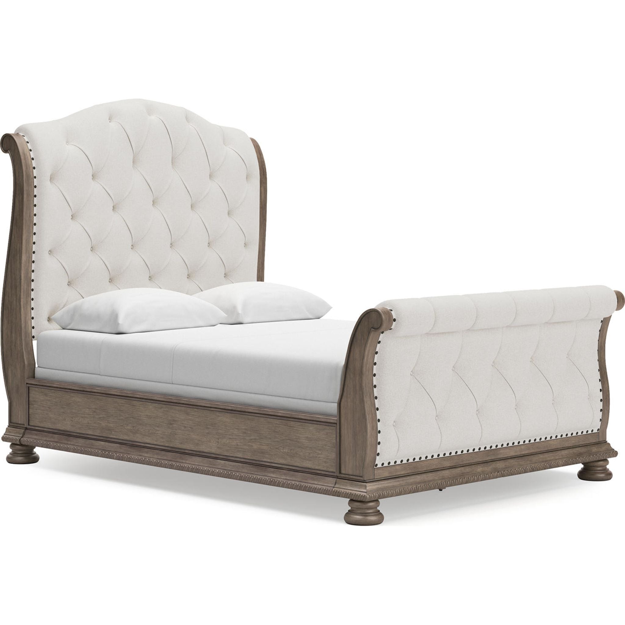 Ardenfield Queen Sleigh Bed Frame - Light Brown Finish - Elegant Upholstered Headboard & Footboard - Perfect for Master Bedroom & Guest Room Decor