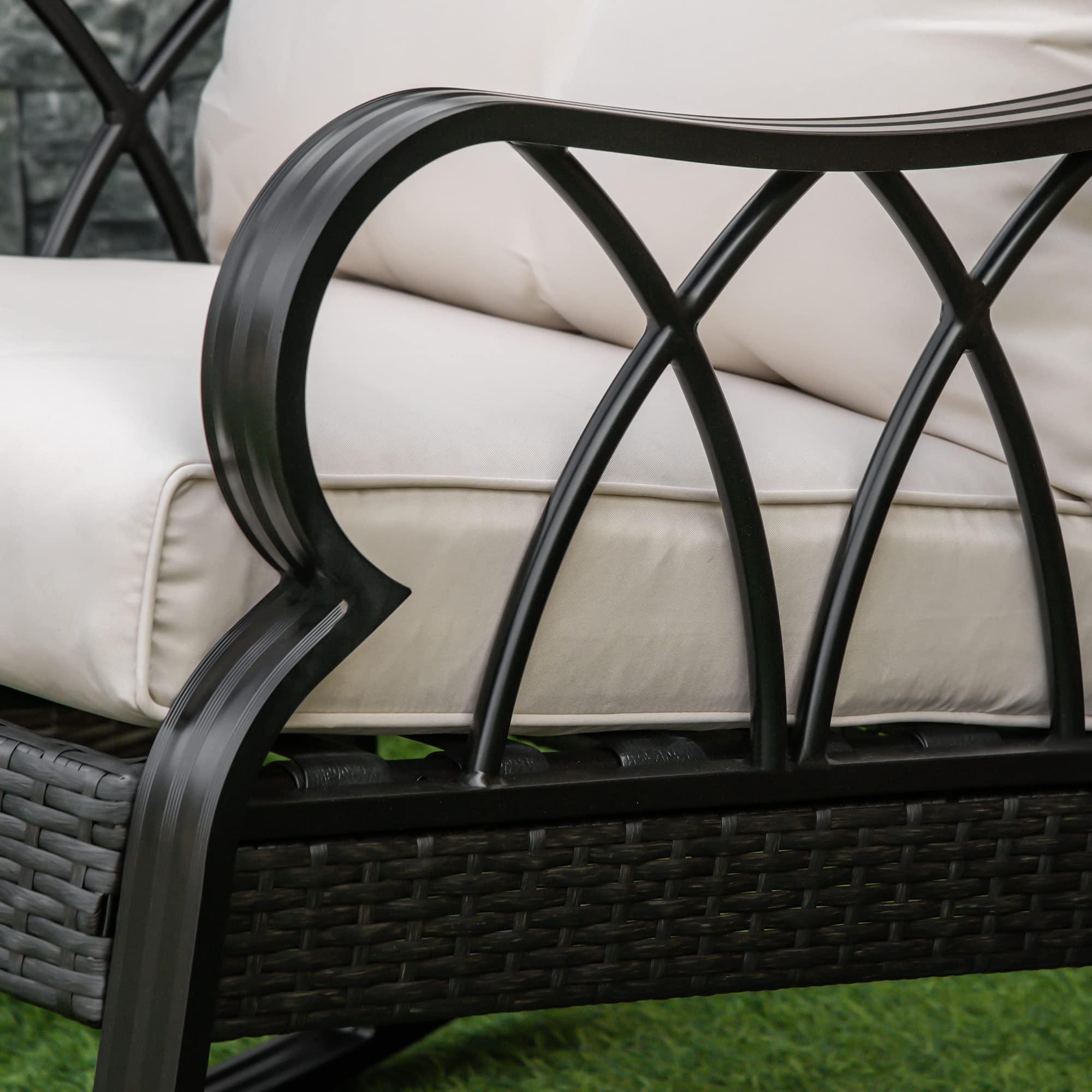 Outsunny Outdoor Wicker Rocking Chair with Padded Cushions - Aluminum Frame Rattan Porch Rocker with Armrests for Patio, Garden & Backyard - Comfortable Khaki Lounge Chair for Relaxing, Reading & Sunbathing