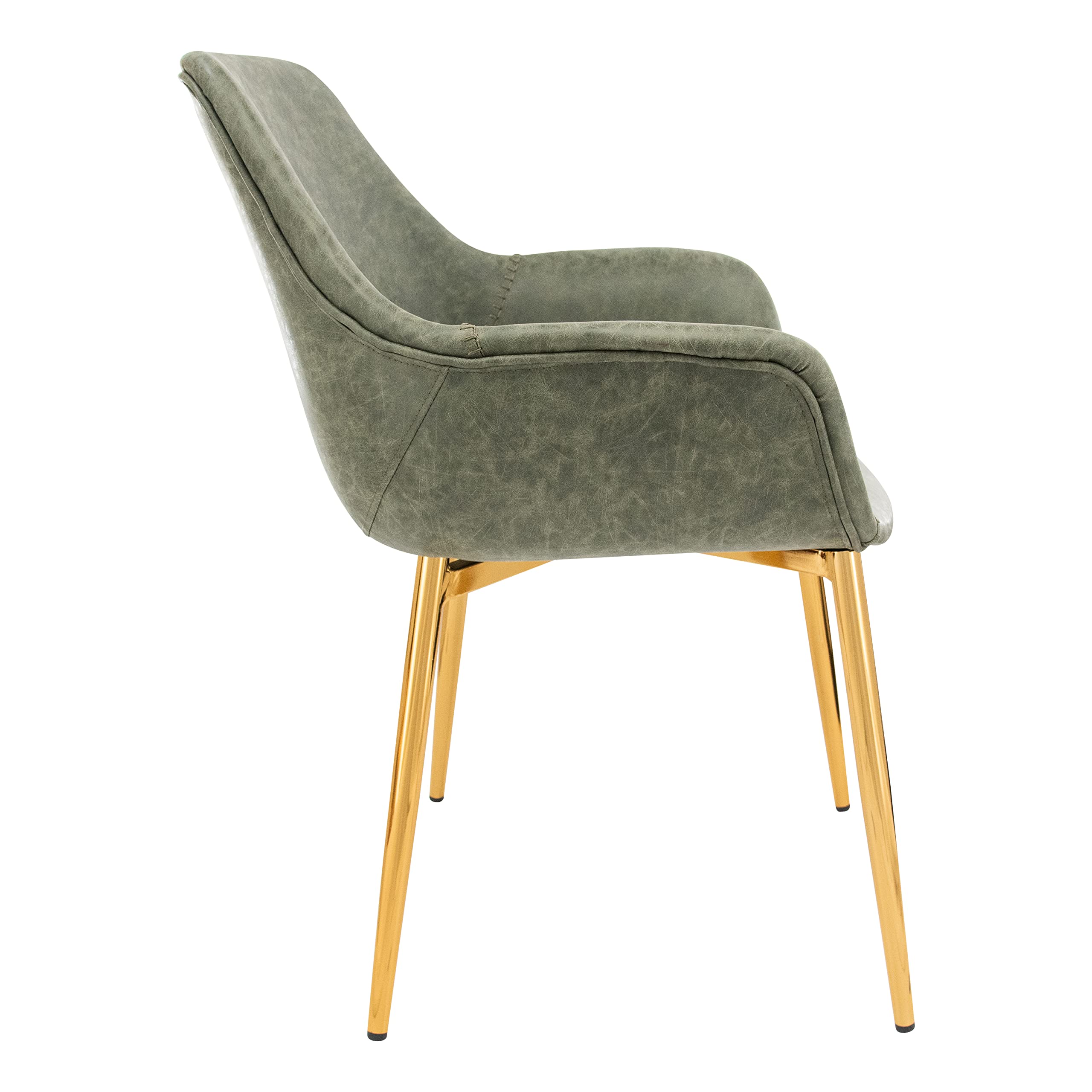 LeisureMod Markley Modern Leather Dining Armchair - Olive Green Kitchen Chair with Gold Metal Legs for Dining Room, Kitchen & Office | Comfortable & Stylish Seating Solution