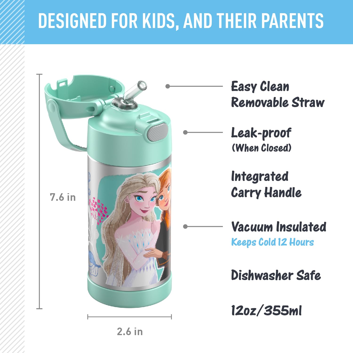 Thermos Funtainer 12oz Kids Stainless Steel Water Bottle with Straw - Vacuum Insulated, Leak Proof Lid - Frozen 2 Design - Perfect for School, Sports & Outdoor Activities