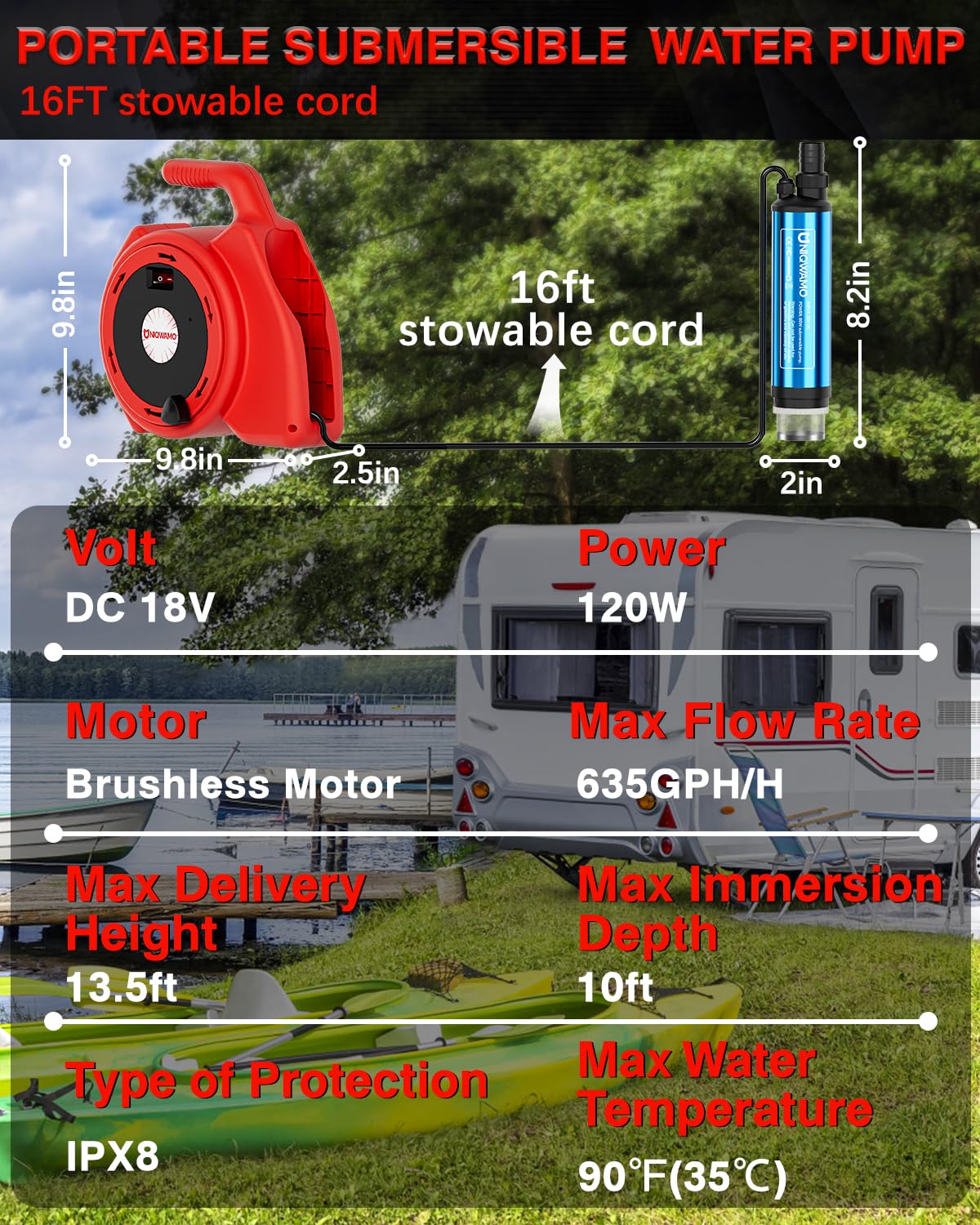 **Milwaukee 18V Battery-Powered Portable Water Pump - 635GPH, 120W, Submersible Transfer Pump for Garden, Camping, Kiddie Pool, Fish Tank (Battery Not Included) - Ideal for Outdoor, Emergency & DIY Water Transfer**