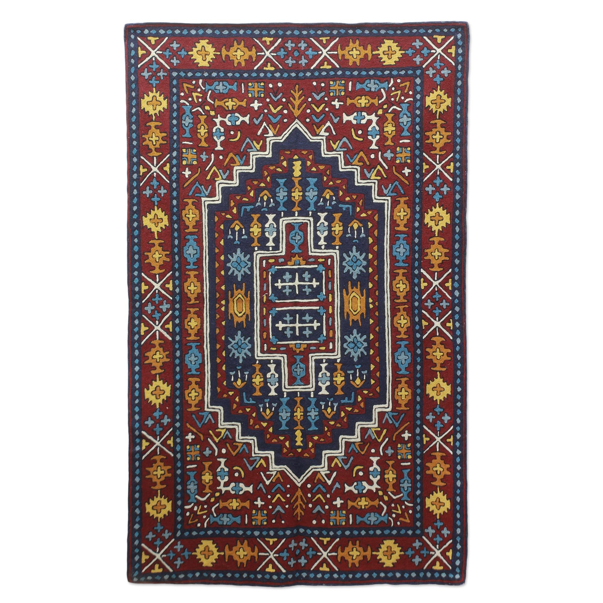 Handmade Blue Mughal Palace Wool Chain Stitch Rug 3'x5' - Traditional Indian Home Decor for Living Room, Bedroom & Office
