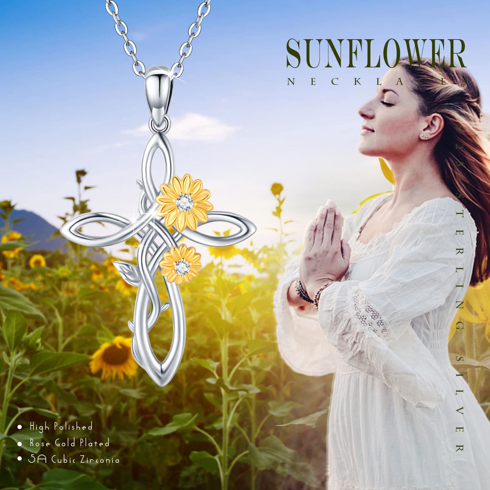 925 Sterling Silver Sunflower Pendant Necklace for Women - You Are My Sunshine Cross Necklace - Elegant Floral Jewelry Gift for Her (Perfect for Birthdays, Anniversaries & Mother's Day)