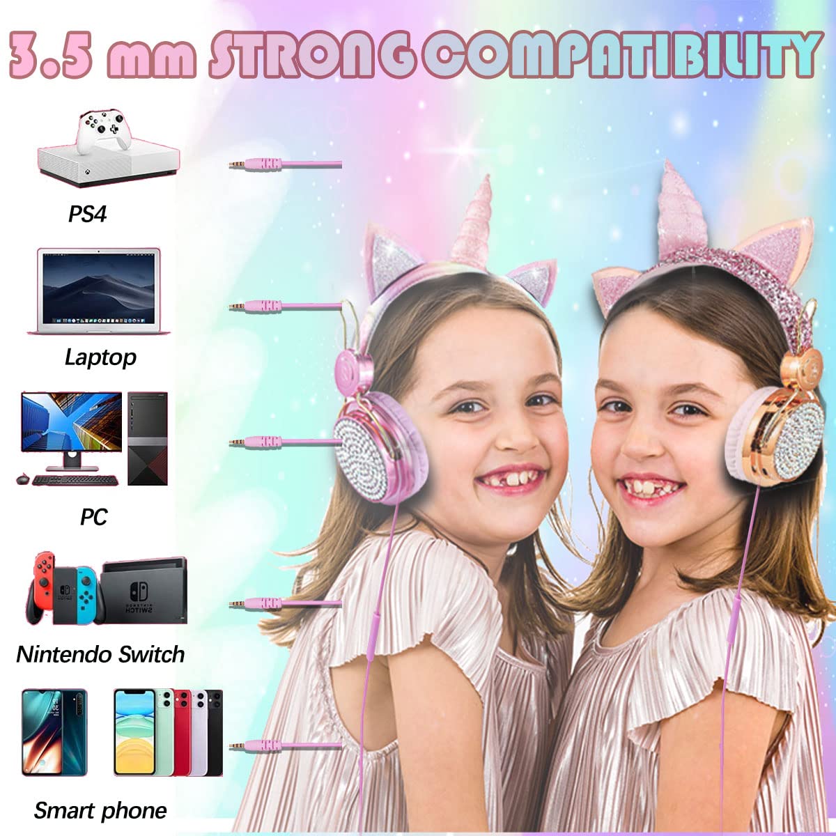 SVYHUOK Cute Cat Ear Wired Headphones for Girls, Kids & Teens - 3.5mm Jack with Microphone, Over-Ear Headset for School, Online Classes, Gaming & Music - Perfect Birthday & Christmas Gift (Princess Rose)