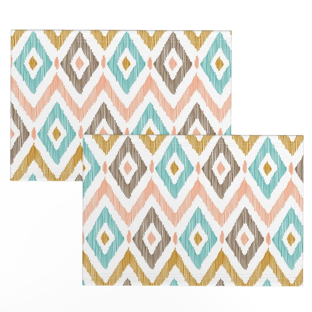 Spoonflower Linen Cotton Canvas Placemats Set of 2 - Diamond Ikat Boho Home Decor Geometric Aqua Gold Zigzag Print Table Mats for Dining Room, Kitchen & Party Decorations