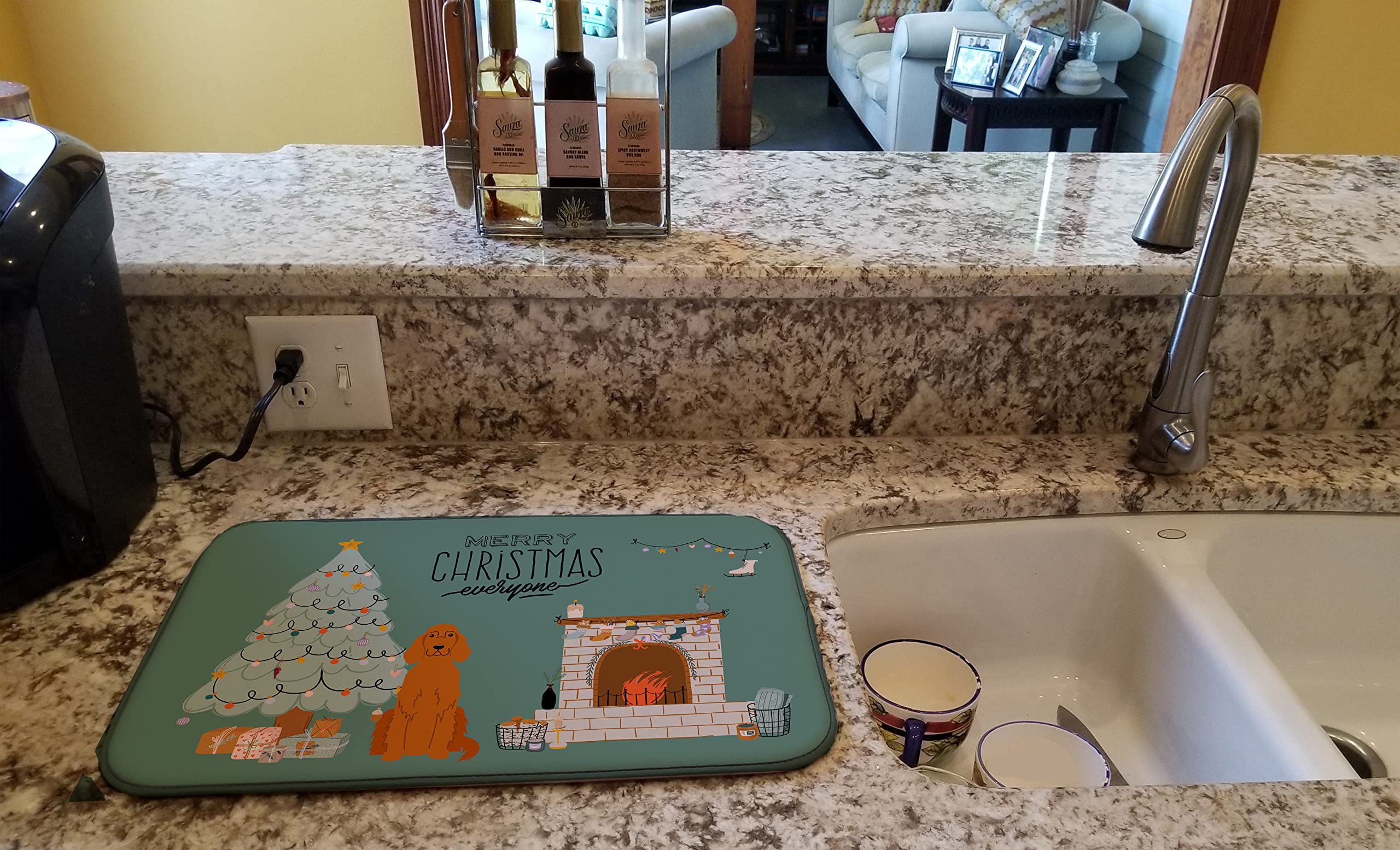 Irish Setter Christmas Dish Drying Mat - Absorbent Kitchen Counter Pad (14x21