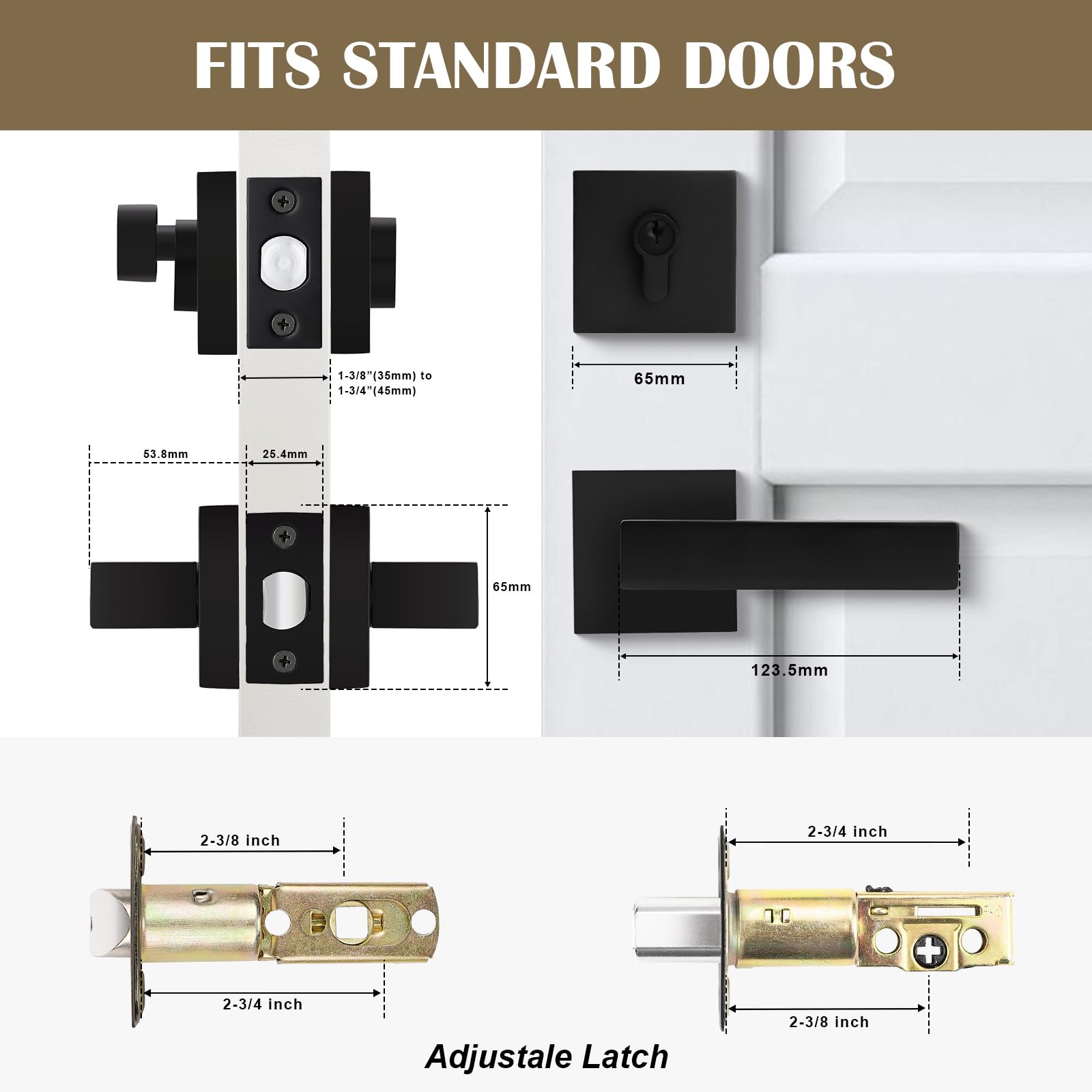 3 Pack Keyed Entry Door Lock Set with Deadbolt - Reversible Passage Lever & Keyed Alike Single Cylinder Deadbolt - Matte Black Square Handleset for Front Door, Bedroom, Office & Apartment Security
