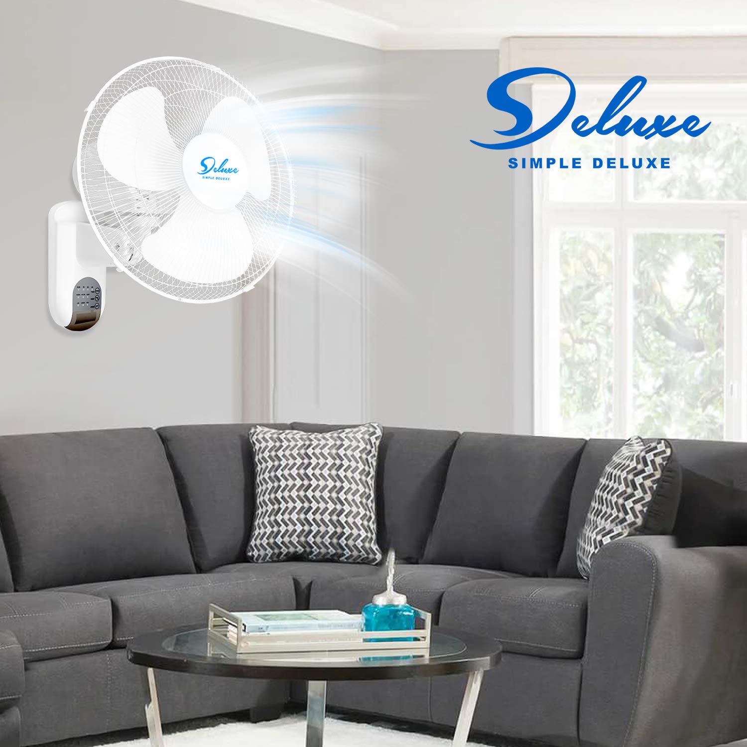 Simple Deluxe 16 Inch Wall Mount Fan with Remote Control - 3 Speed, 3 Oscillating Modes & Timer for Home, Office, Garage & Patio Cooling (1 Pack)