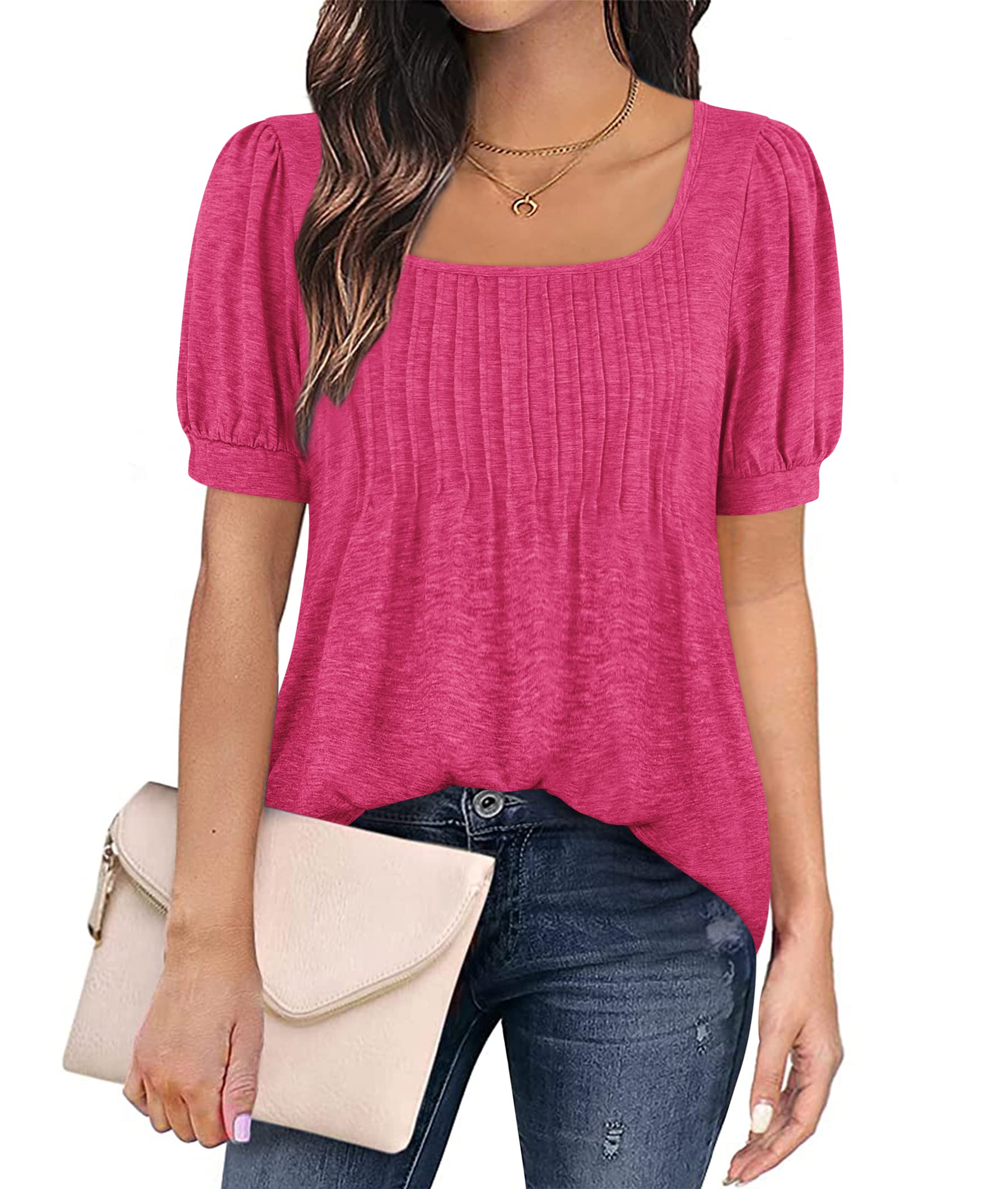 Zwurew Women's Summer Casual Puff Short Sleeve T-Shirt - Square Neck Pleated Flowy Tunic Top for Leggings (S-2XL) | Trendy Blouse for Outfits, Beach, Travel & Daily Wear