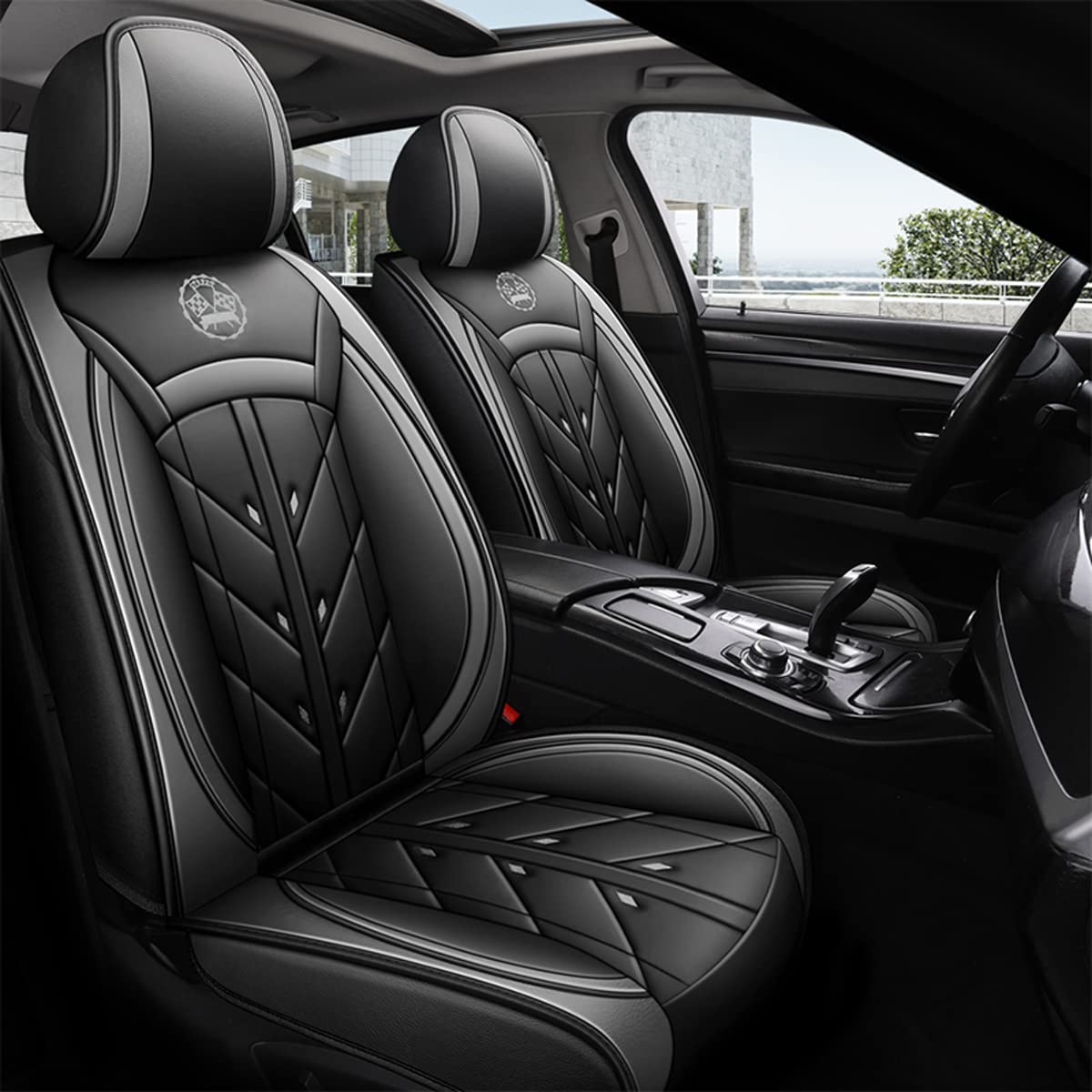 YXQYOEOSO Universal 5-Seat Car Seat Cover Set - Synthetic Leather Protector for Most Cars & SUVs (Black & Grey) | Airbag Compatible | Perfect for Family Road Trips & Daily Commutes