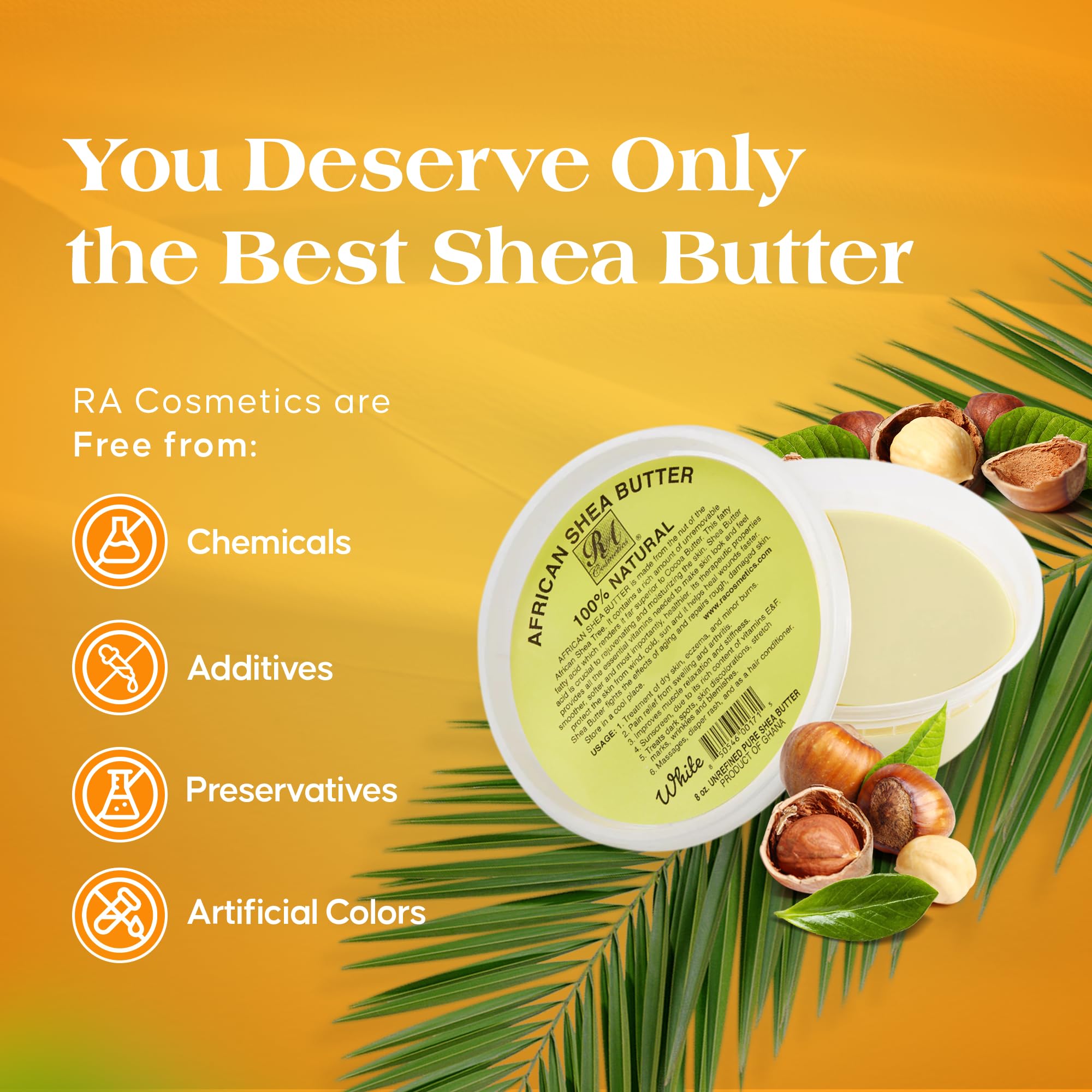 Pure Raw Unrefined African Shea Butter from Ghana - Ivory Color, 8oz Jar - Natural Moisturizer for Skin & Hair Care