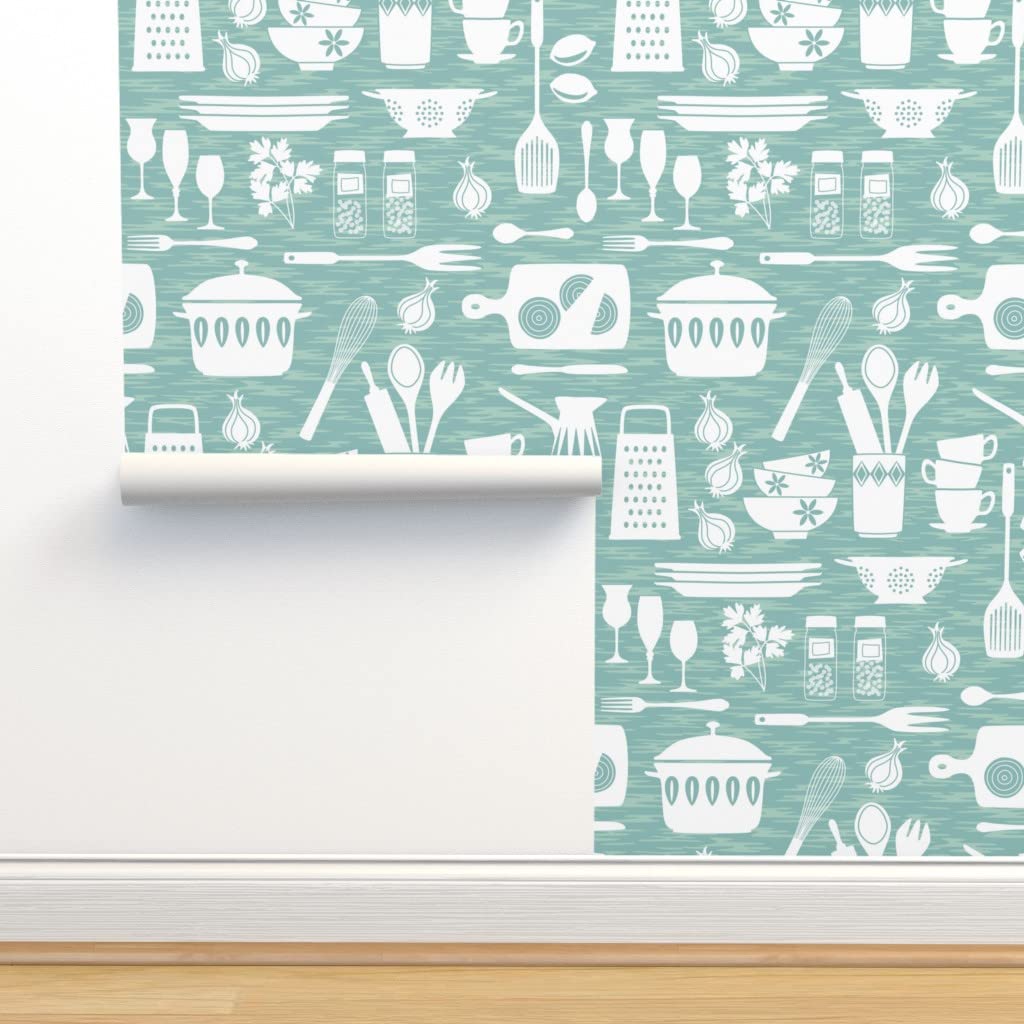 Premium Commercial Grade Wallpaper Roll - 27ft x 2ft Mint Green Lemon & Garlic Print | Mid-Century Modern Kitchen Wallpaper | Spoonflower | Perfect for Home, Restaurant, Cafe Decor