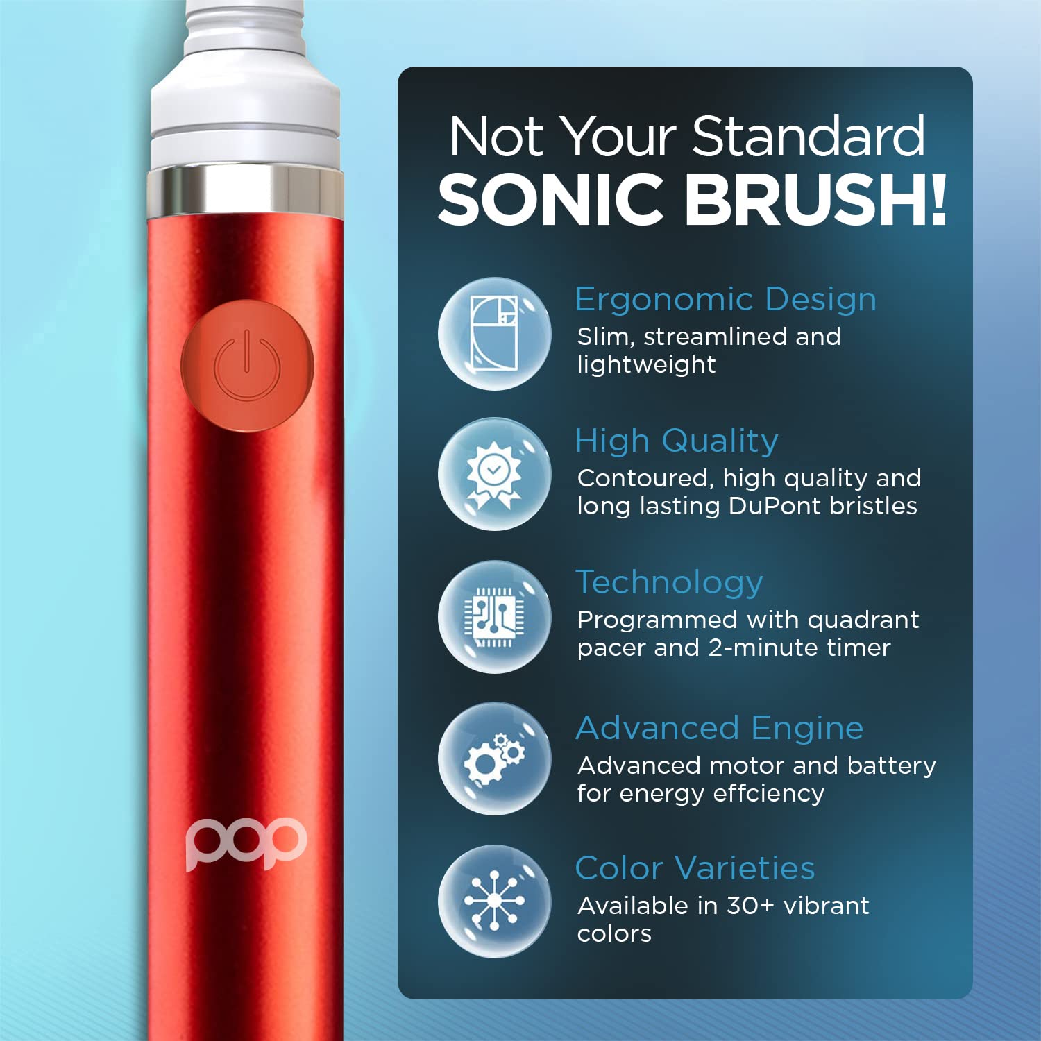 Pop Sonic Electric Toothbrush for Adults & Kids - Rechargeable Travel Toothbrush with 2 Speed Modes (15,000-30,000 RPM), Soft DuPont Nylon Bristles, AAA Battery Included - Perfect for Home, Travel & Daily Oral Care (Metallic Red)