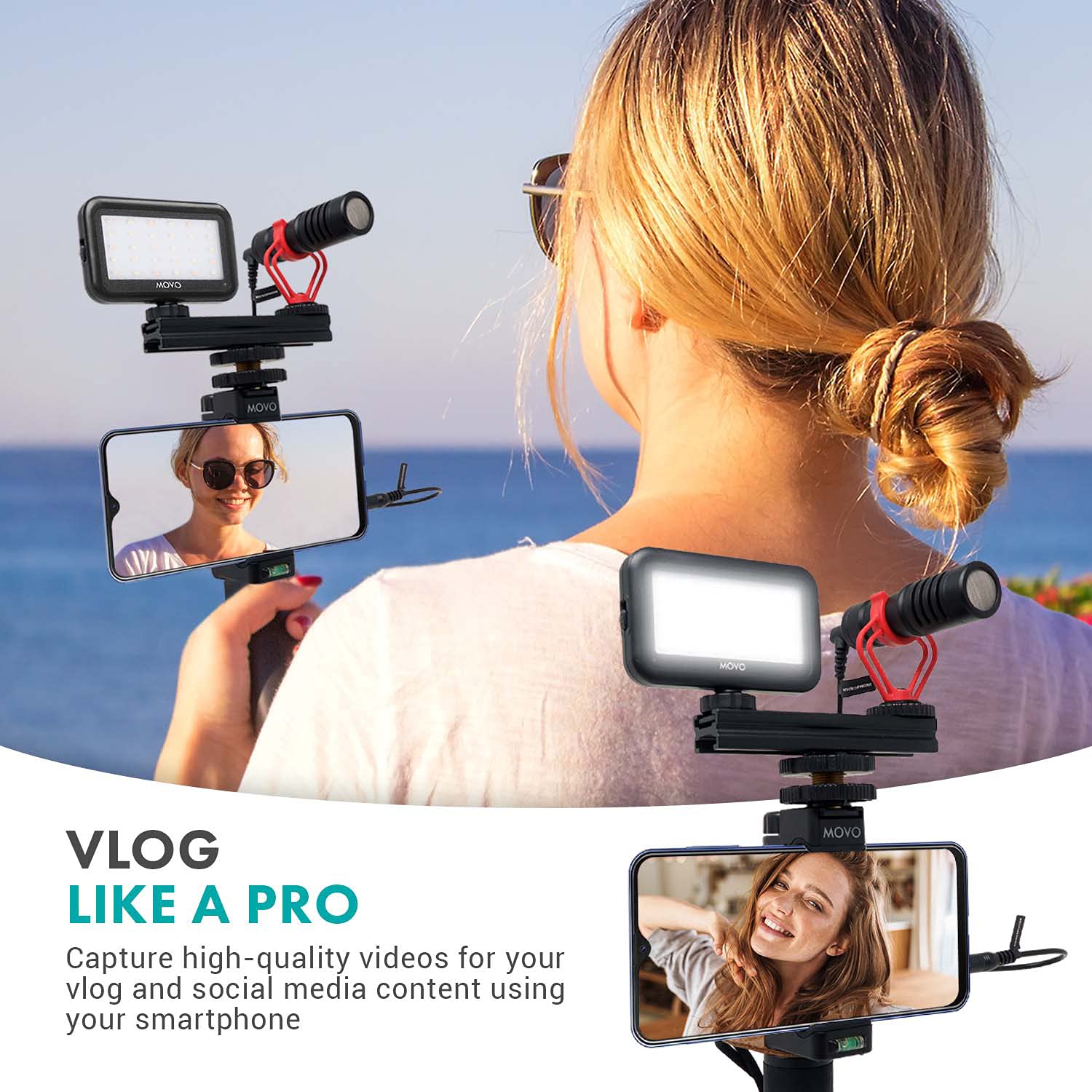 MOVO VXR10 Shotgun Microphone Kit - Professional Smartphone Video Kit with Shotgun Mic, Phone Grip, Tripod & LED Light for iPhone, Android, DSLR Cameras - Perfect for Vlogging, YouTube, Live Streaming & Content Creation