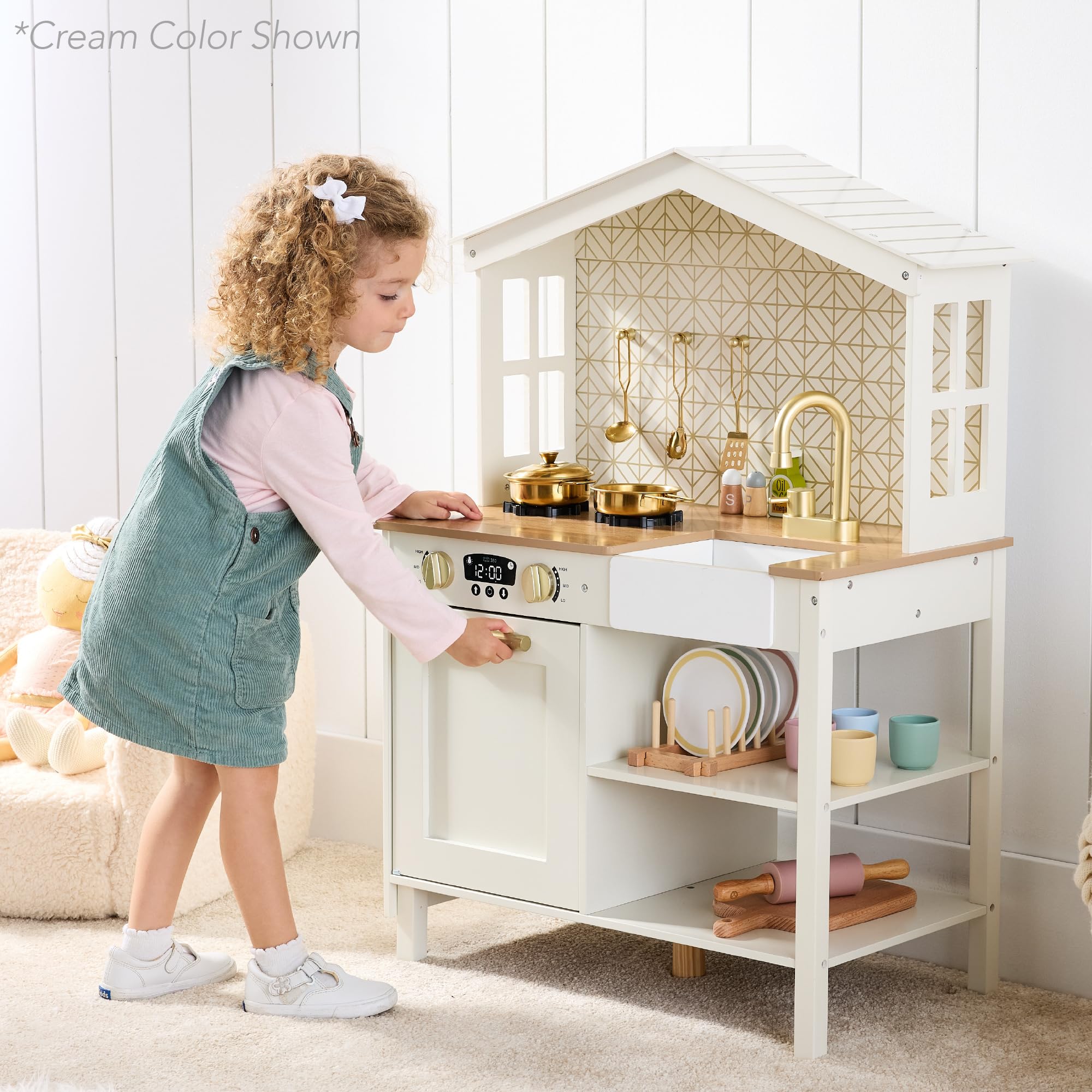 Best Choice Products Wooden Farmhouse Pretend Play Kitchen Set for Kids - Toy Storage, Clicking Knobs, Windows & 5 Accessories - Beveled White | Perfect for Imaginative Play, Preschool Learning & Toddler Role-Playing Games