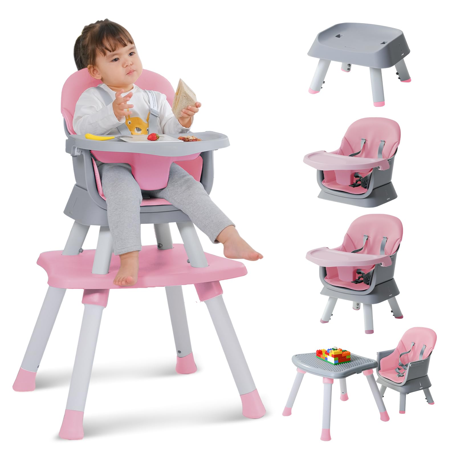 8-in-1 Convertible Baby High Chair with Removable Tray - Adjustable Toddler Learning Table, Building Block Play Table & Kids Stool Set (Pink) - Perfect for Mealtime, Playtime & Early Childhood Development