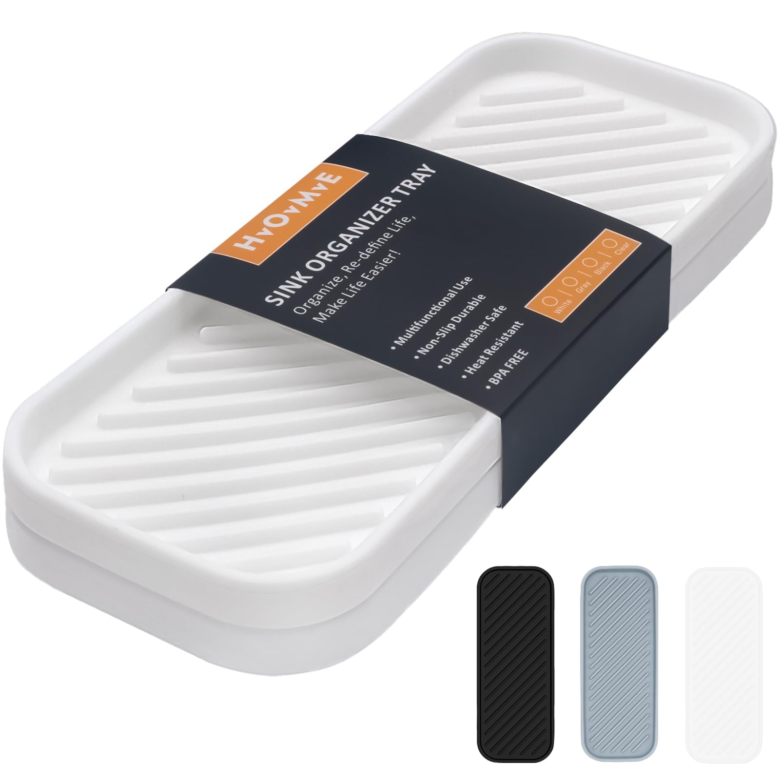 Premium Silicone Organizer Tray - 2 Pack White Kitchen & Bathroom Storage Tray for Soap, Sponge, Dish Brush & Accessories | Perfect for Sink Counter Organization & Dishwashing Station Setup