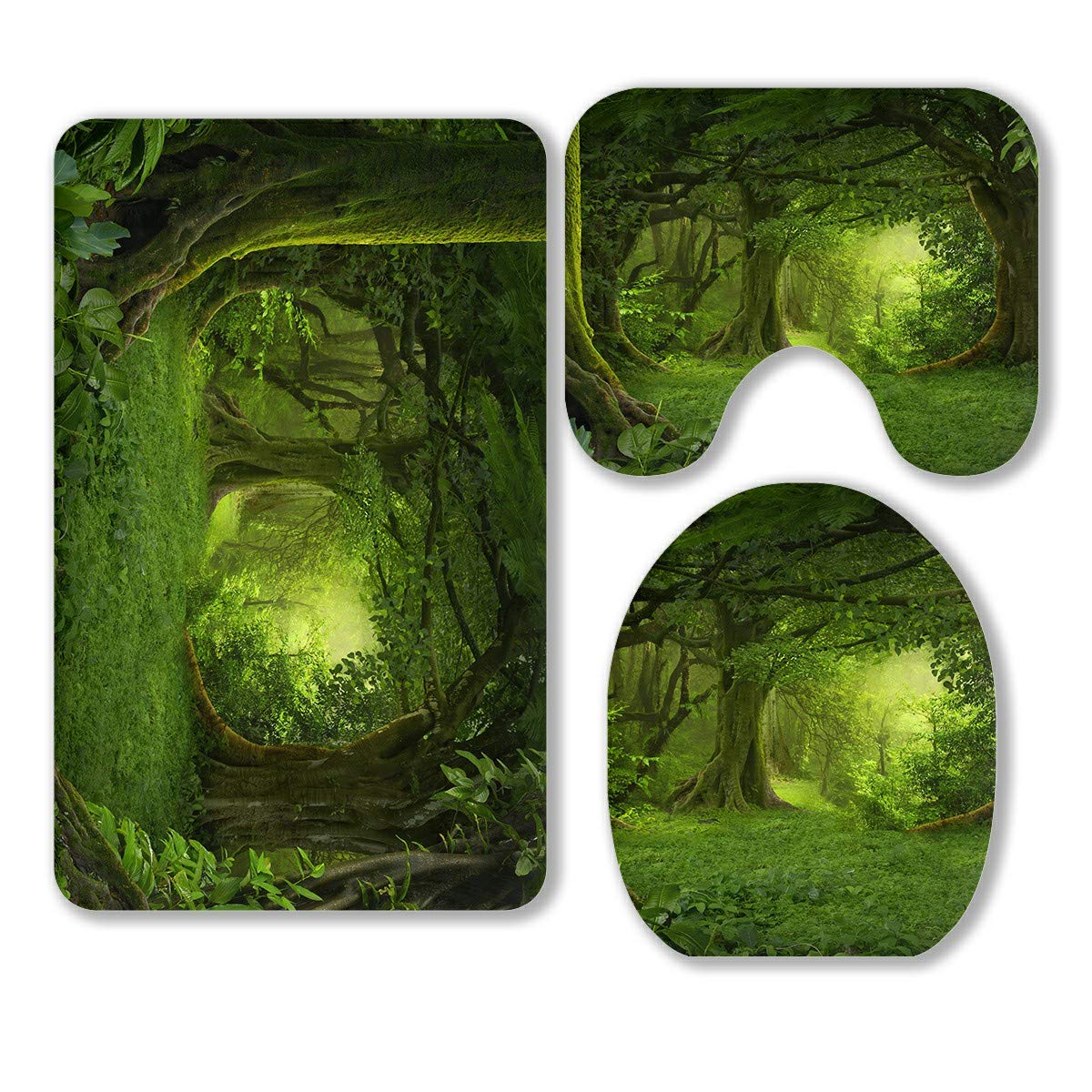 ECZJNT 3-Piece Tropical Jungle Bathroom Rug Set - Soft Bath Mat, Contour Mat & Toilet Lid Cover - Water Absorbent Non-Slip Bath Rugs for Bathroom Decor (Southeast Asia Jungle Theme) - Perfect for Home, Apartment & Vacation Rental Bathrooms