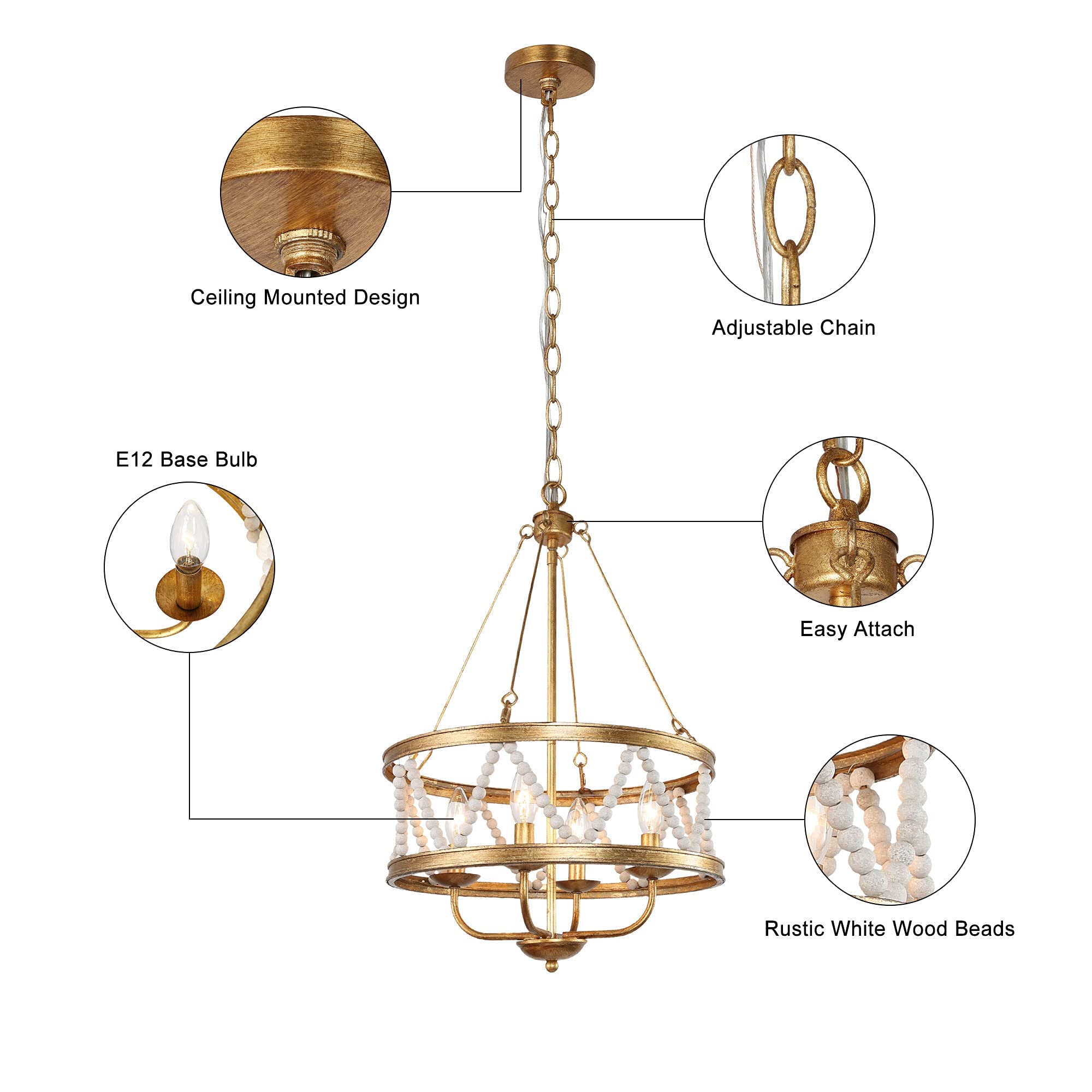 Elegant 4-Light Gold Chandelier with Beaded Drum Shade - 15.5