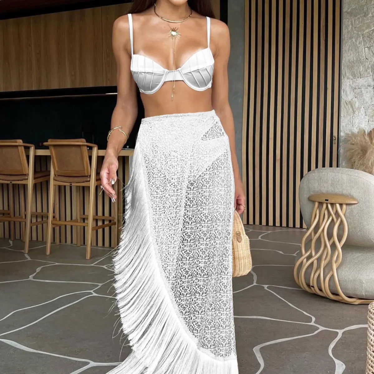 3 Piece Tassel Bikini Set for Women - Sexy Hollow Out Grid Beachwear, See Through Knit Skirt Suit | Perfect for Summer Vacations, Pool Parties & Street Fashion