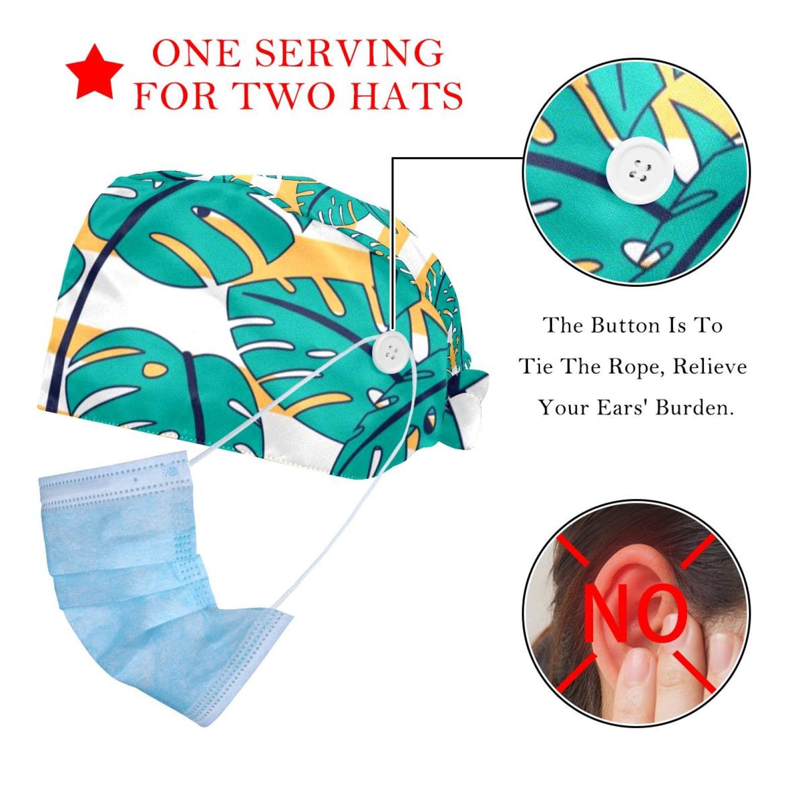 Mersov 2 Pack Adjustable Elastic Surgical Caps for Women - Ponytail Friendly Bouffant Hats with Buttons & Tie Back - Perfect for Nurses, Doctors, Salon & Food Service Workers