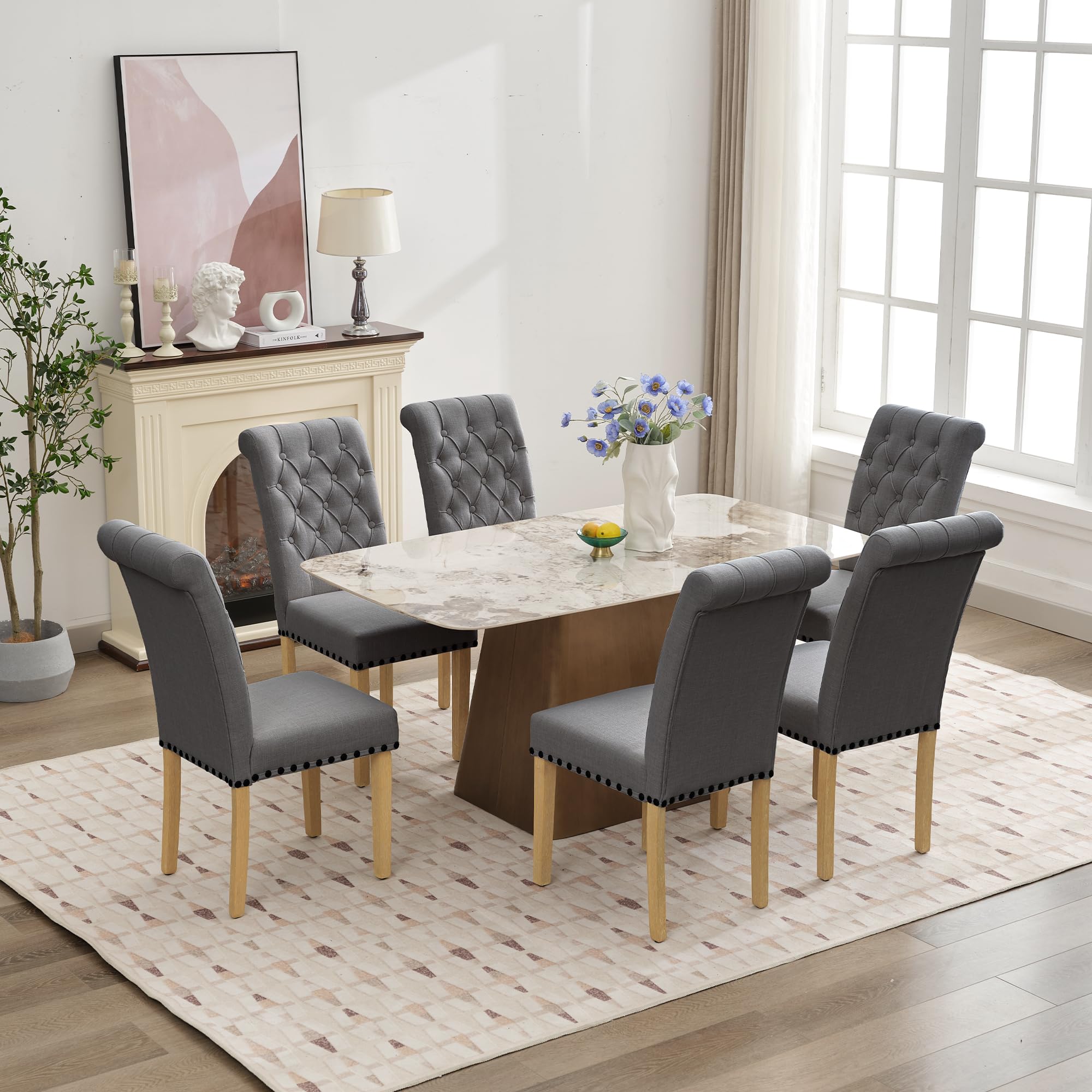 Modern Linen Fabric Dining Chairs Set of 2 - Parson Style with Nailhead Trim & Button Tufting - Solid Wood Legs Dark Grey - Perfect for Dining Room, Kitchen, Living Room & Home Office Seating
