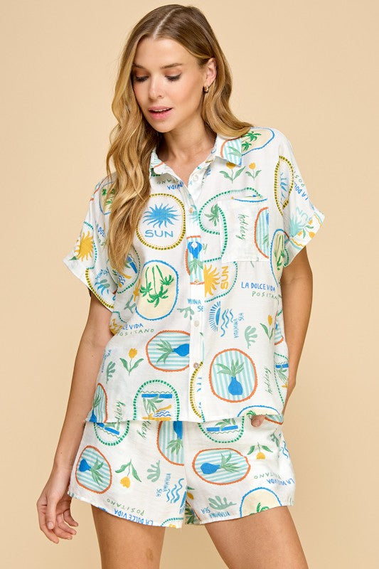 Vacation Print Short Sleeve Button Up Shirt for Men - Casual Hawaiian Style Beachwear for Summer Travel & Outdoor Adventures
