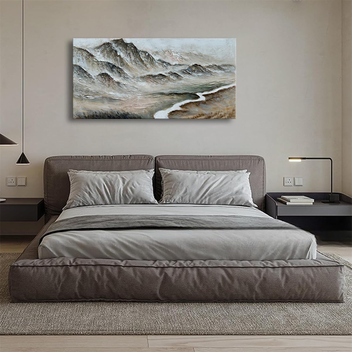 Zoinart Modern Abstract Landscape Oil Painting on Canvas 24x48 Inches - Textured Mountain Wall Art for Living Room, Bedroom & Office Decor