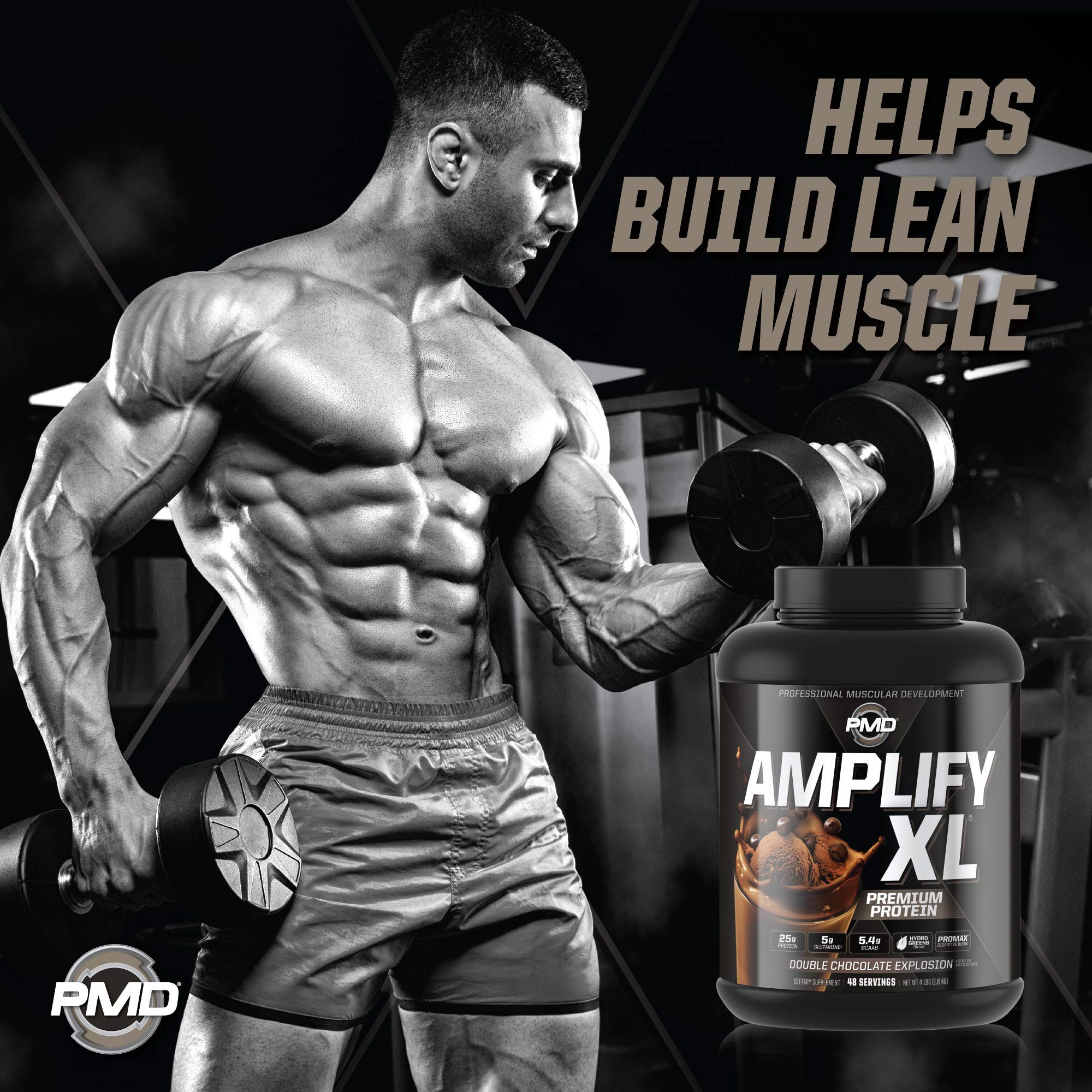 PMD Sports Amplify XL Premium Whey Protein Powder with Hydro Greens Blend - Glutamine & Whey Protein Matrix for Muscle Growth, Strength & Recovery - Superfood Enriched Double Chocolate Flavor (48 Servings) - Ideal for Post-Workout Shakes, Smoothies & Meal Replacement