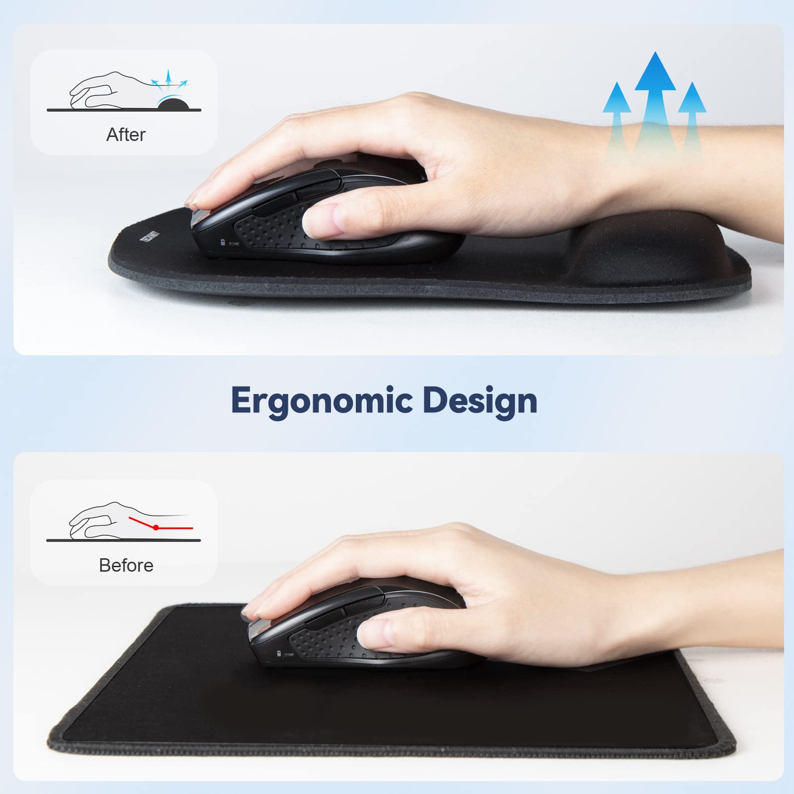 TECKNET Ergonomic Gaming Mouse Pad with Wrist Support - Pain Relief Comfort for Computer, Laptop, Office & Travel - Non-Slip Base & Waterproof Surface (Black) - Perfect for Long Gaming Sessions, Office Work & Home Use