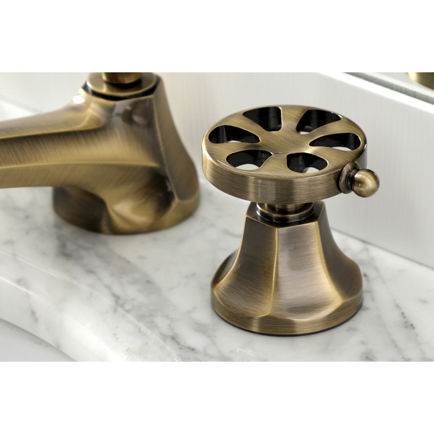 Belknap KS4463RX Two Handle 3 Hole Widespread Bathroom Faucet with Brass Pop Up Drain in Antique Brass - Perfect for Vintage Style Bathroom Renovation and Modern Home Upgrade