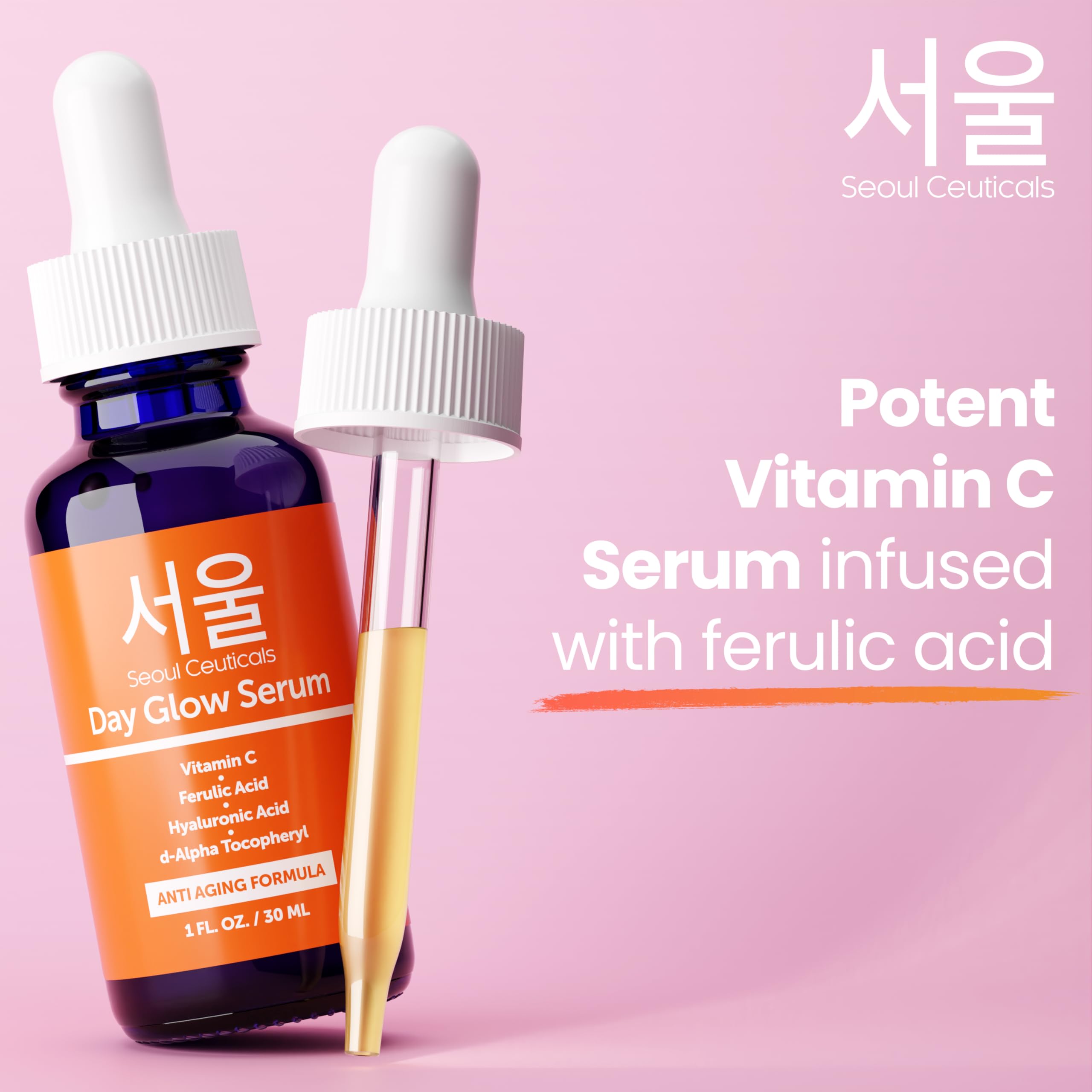 SeoulCeuticals 20% Vitamin C Serum with Hyaluronic Acid & CE Ferulic Acid - Anti-Aging Korean Skin Care for Wrinkles, Brightening & Hydration - 1oz Korean Beauty Serum for Face, Day & Night Skincare Routine