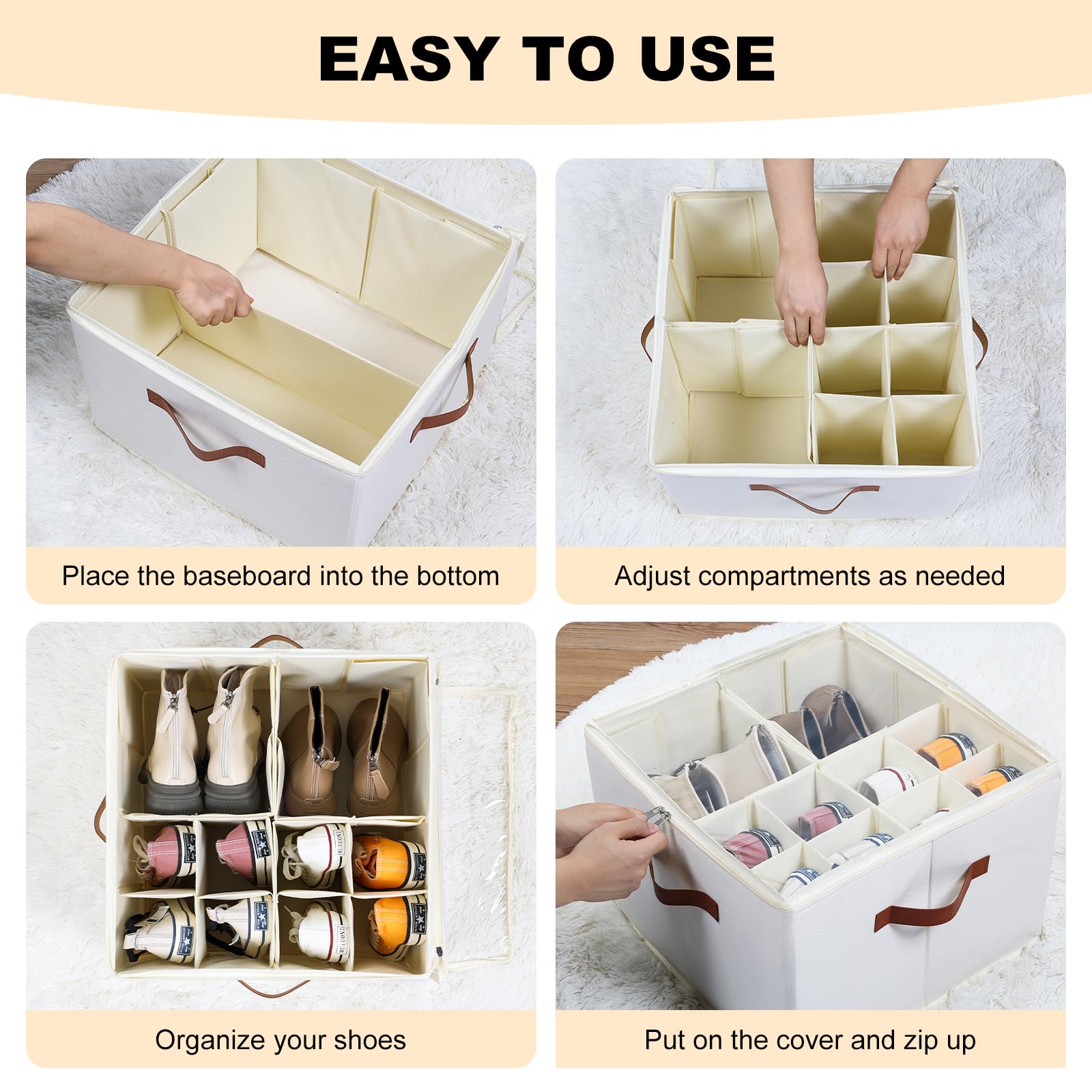 Foldable Shoe Storage Organizer for Closet - Clear Cover Shoe Box with Adjustable Dividers Holds 16 Pairs - Perfect for Bedroom, Entryway & Travel Organization (White)