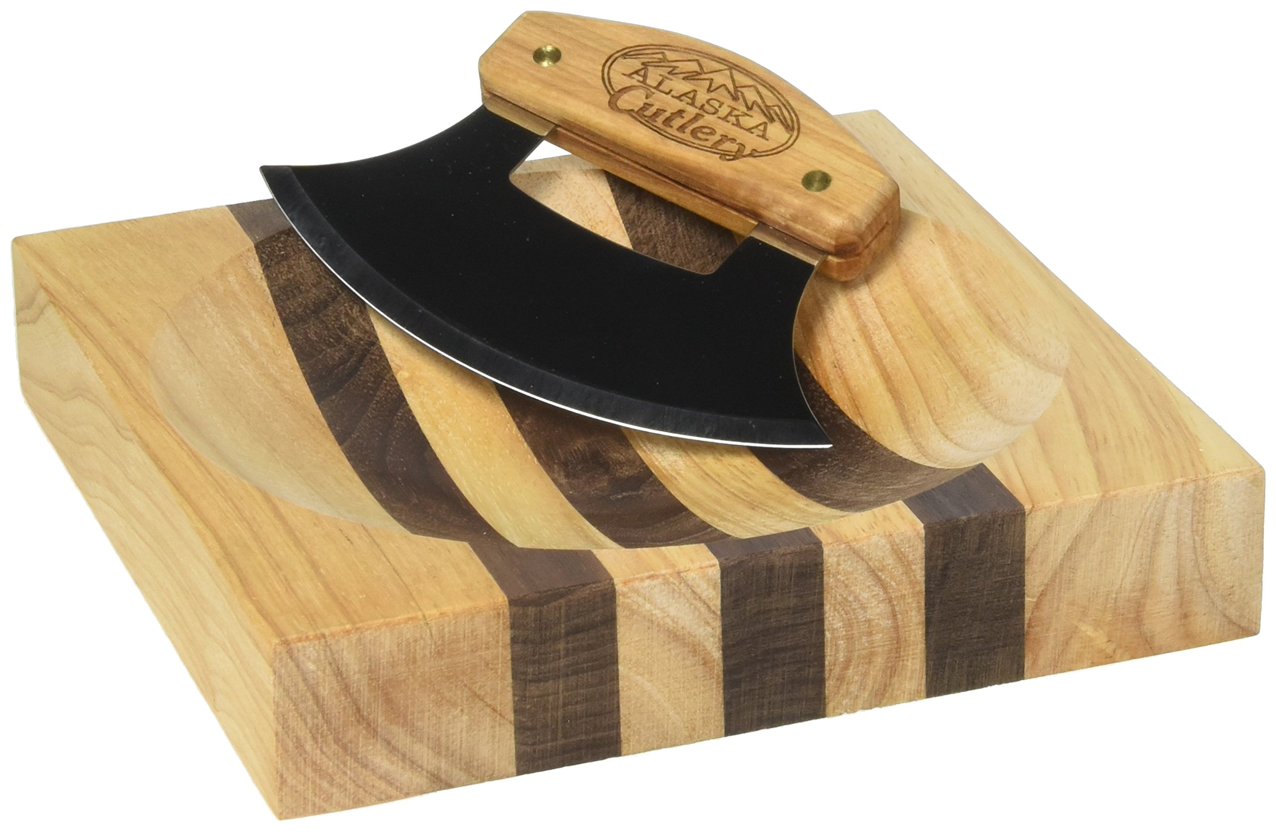 Premium Alaska Ulu Knife Set - Handcrafted Curved Knife with Wooden Handle & Chopping Board - Authentic Mezzaluna Made in USA - Perfect for Kitchen, Camping & Outdoor Cooking